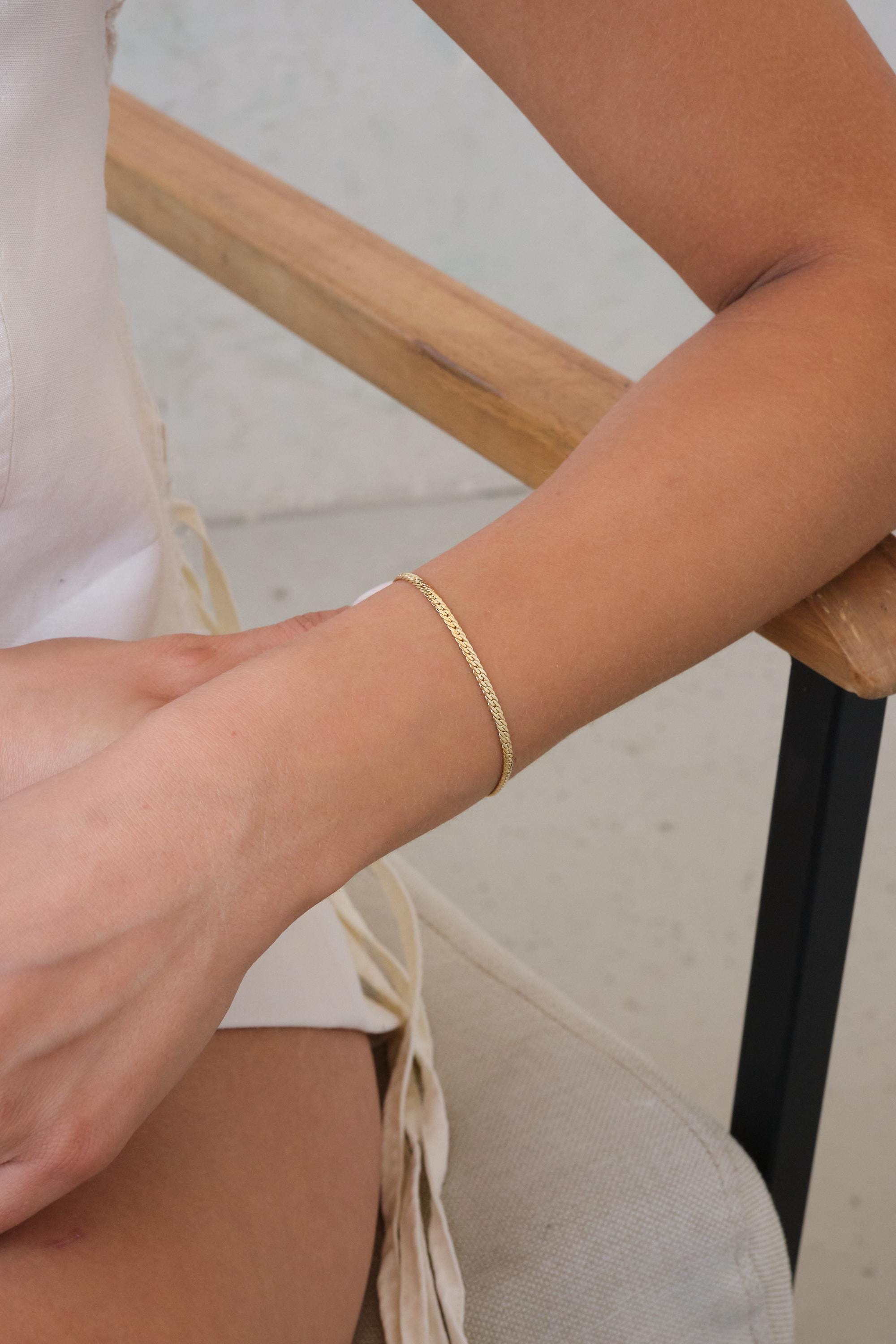 14K Gold 2.5MM Cuban Link Bracelet, Curb Chain Bracelet, Bold Link Chunky Vintage Chain Anklet, Men Women Stacking Bracelet, Gift For Her