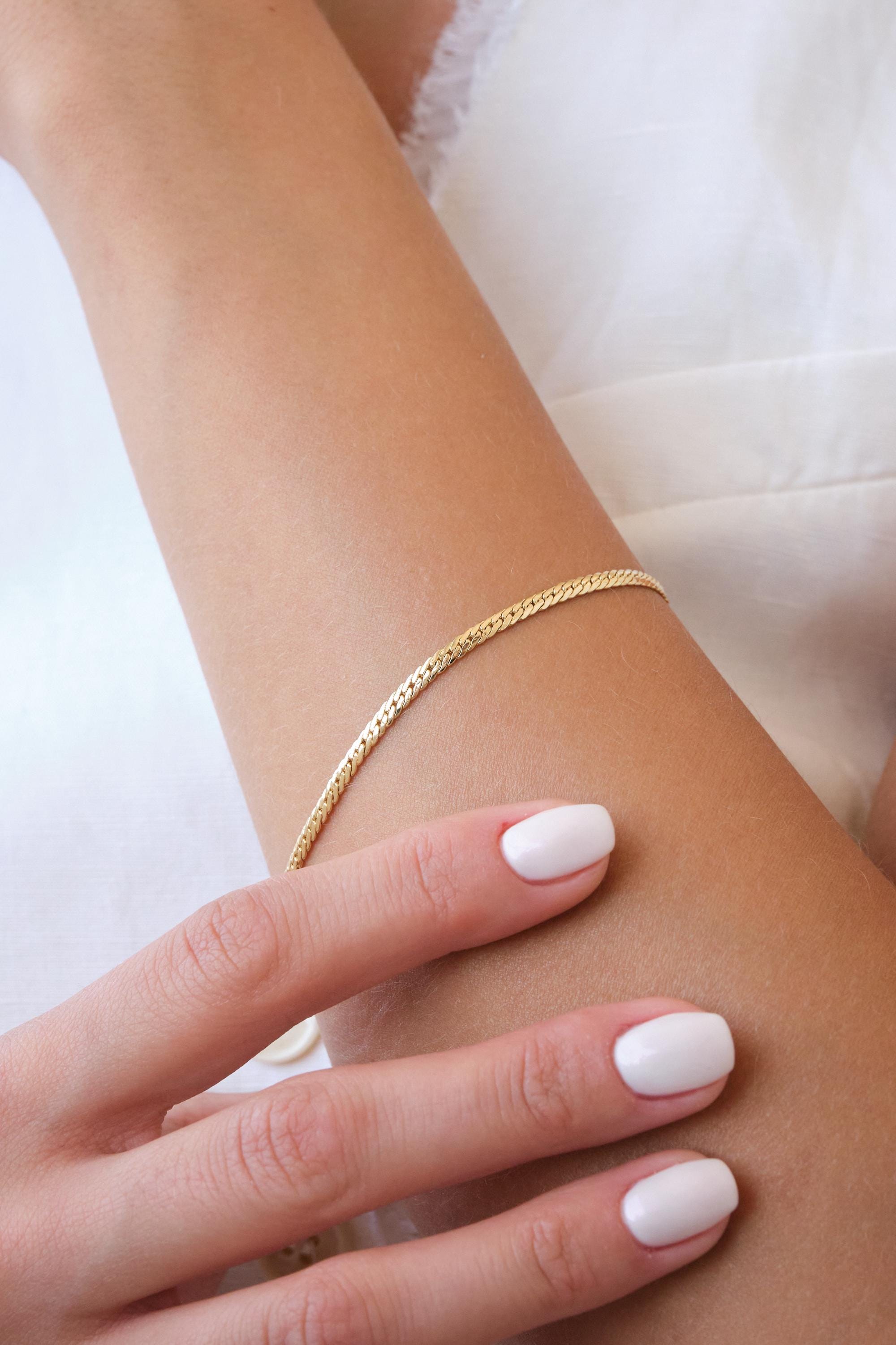 14K Gold 2.5MM Cuban Link Bracelet, Curb Chain Bracelet, Bold Link Chunky Vintage Chain Anklet, Men Women Stacking Bracelet, Gift For Her