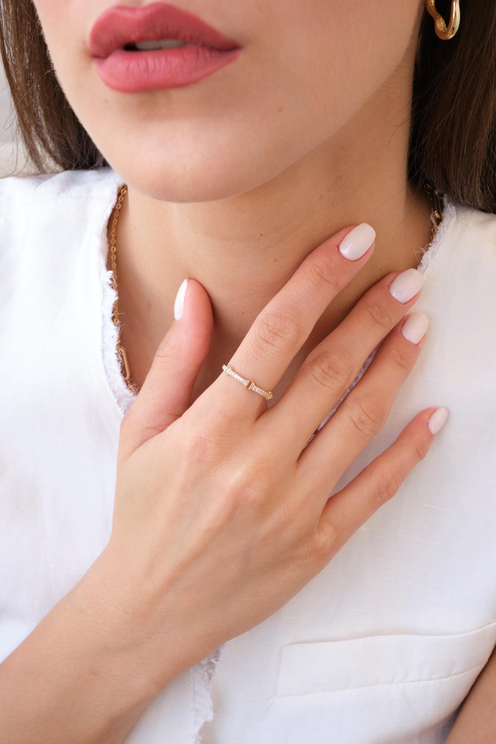 14K Gold Pave Bar Ring with CZ, Dainty Gold Bar Ring, Minimal Gold Ring, Everyday CZ Ring, Simple Gold Ring for Her