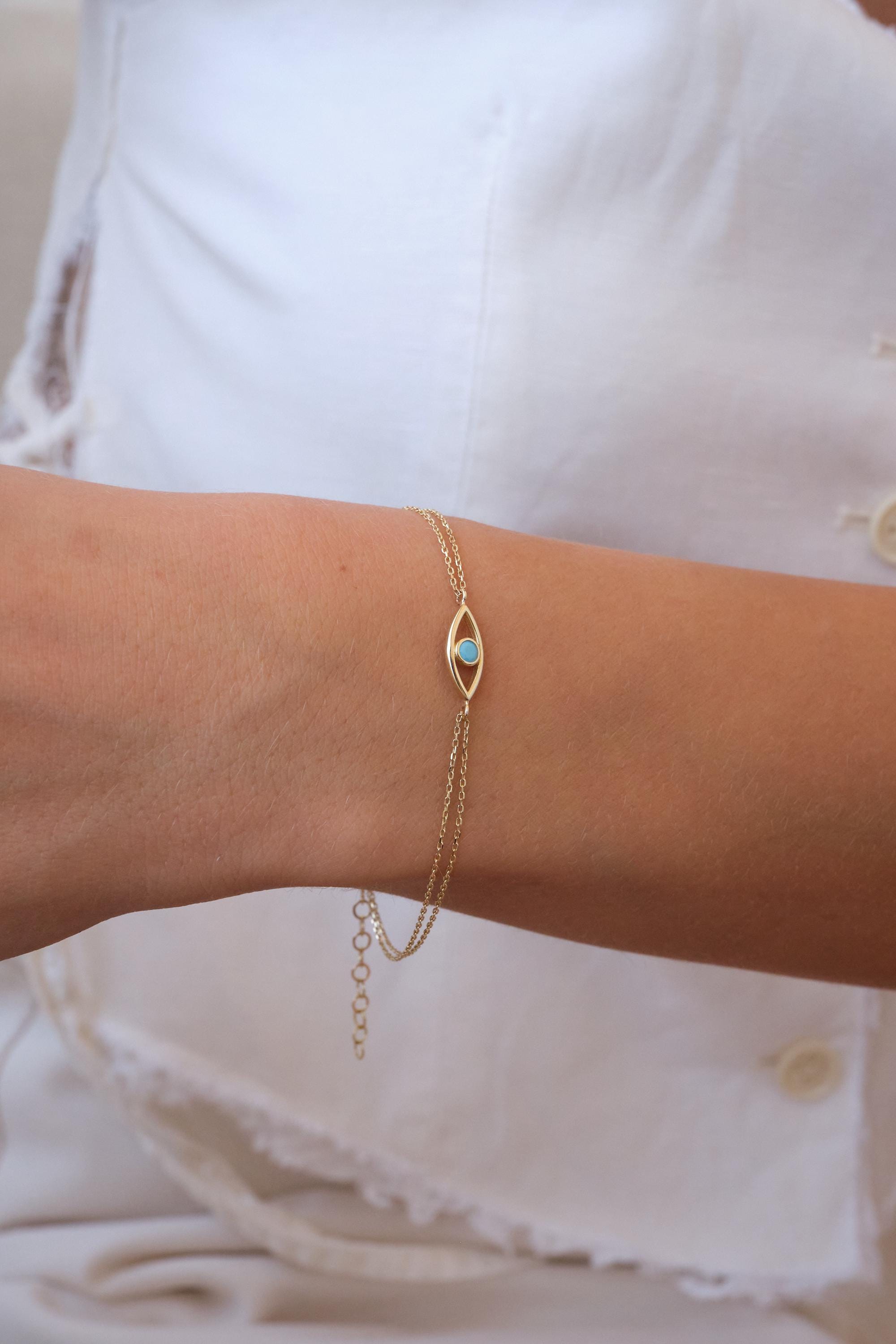 14K Gold Evil Eye Bracelet with Turquoise, Dainty Evil Eye Bracelet, Minimal Gold Chain Bracelet, Protection Bracelet, Everyday Gold Jewelry