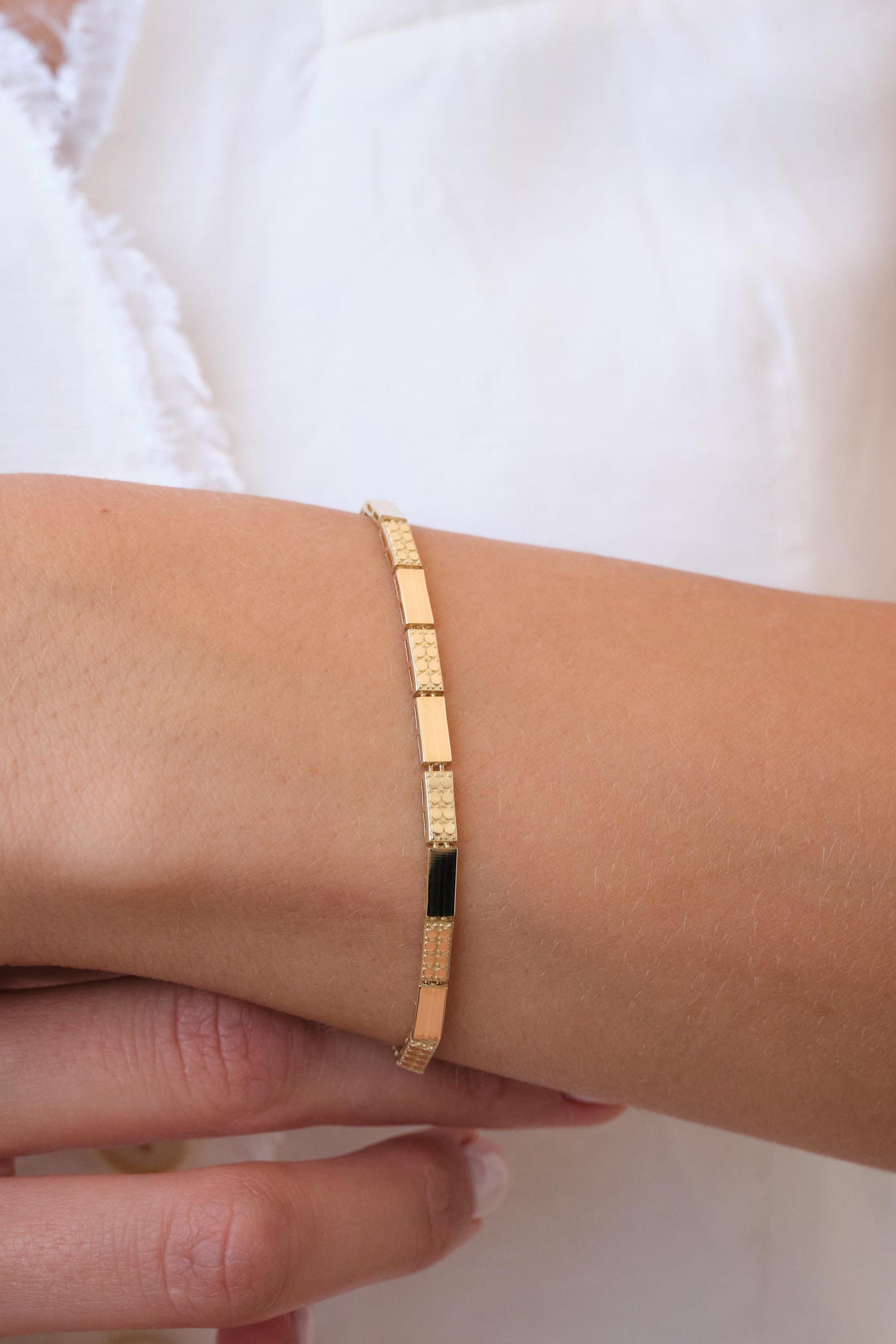 14K Gold Geometric Bar Bracelet, 3mm Station Link Gold Bracelet, Minimal Polished Gold Bracelet, Modern Everyday Gold Jewelry, Gift for Her