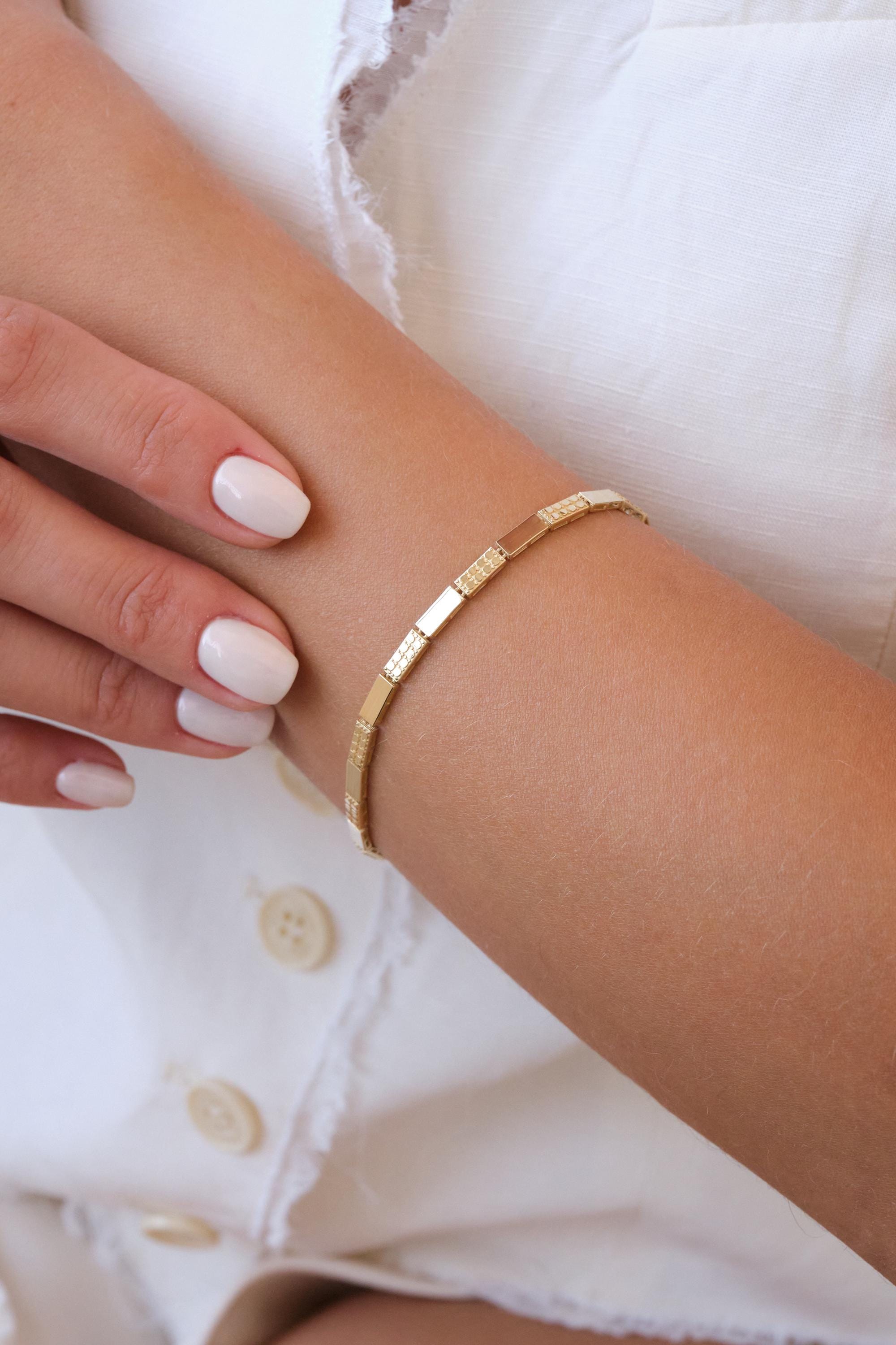 14K Gold Geometric Bar Bracelet, 3mm Station Link Gold Bracelet, Minimal Polished Gold Bracelet, Modern Everyday Gold Jewelry, Gift for Her