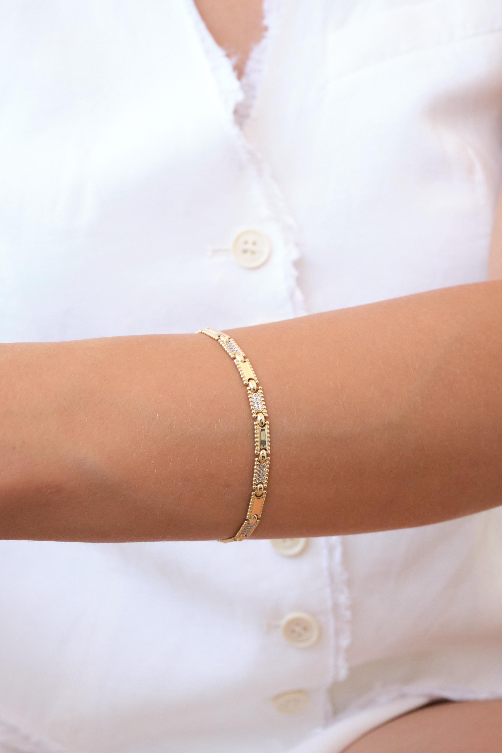 14K Gold CZ Bar Bracelet, 3.5mm Rectangle Bar Gold Bracelet, Dainty Geometric Gold Bracelet, Minimal Everyday Bracelet, Gift for Her