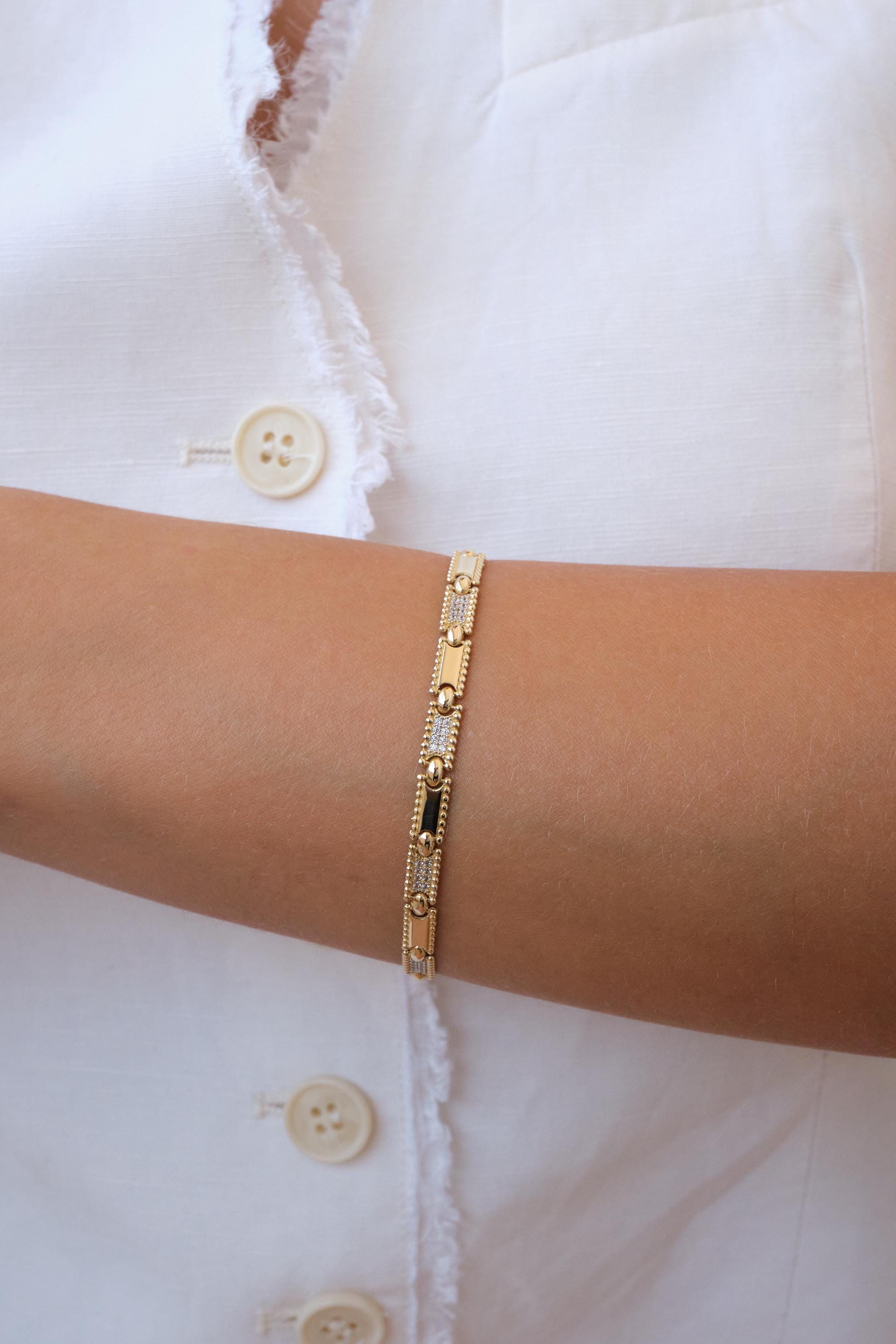 14K Gold CZ Bar Bracelet, 3.5mm Rectangle Bar Gold Bracelet, Dainty Geometric Gold Bracelet, Minimal Everyday Bracelet, Gift for Her