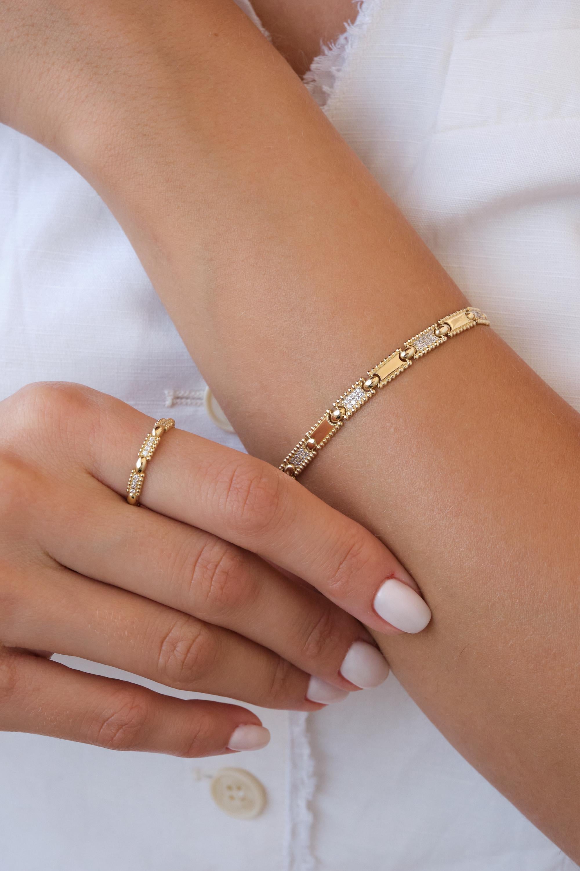 14K Gold CZ Bar Bracelet, 3.5mm Rectangle Bar Gold Bracelet, Dainty Geometric Gold Bracelet, Minimal Everyday Bracelet, Gift for Her