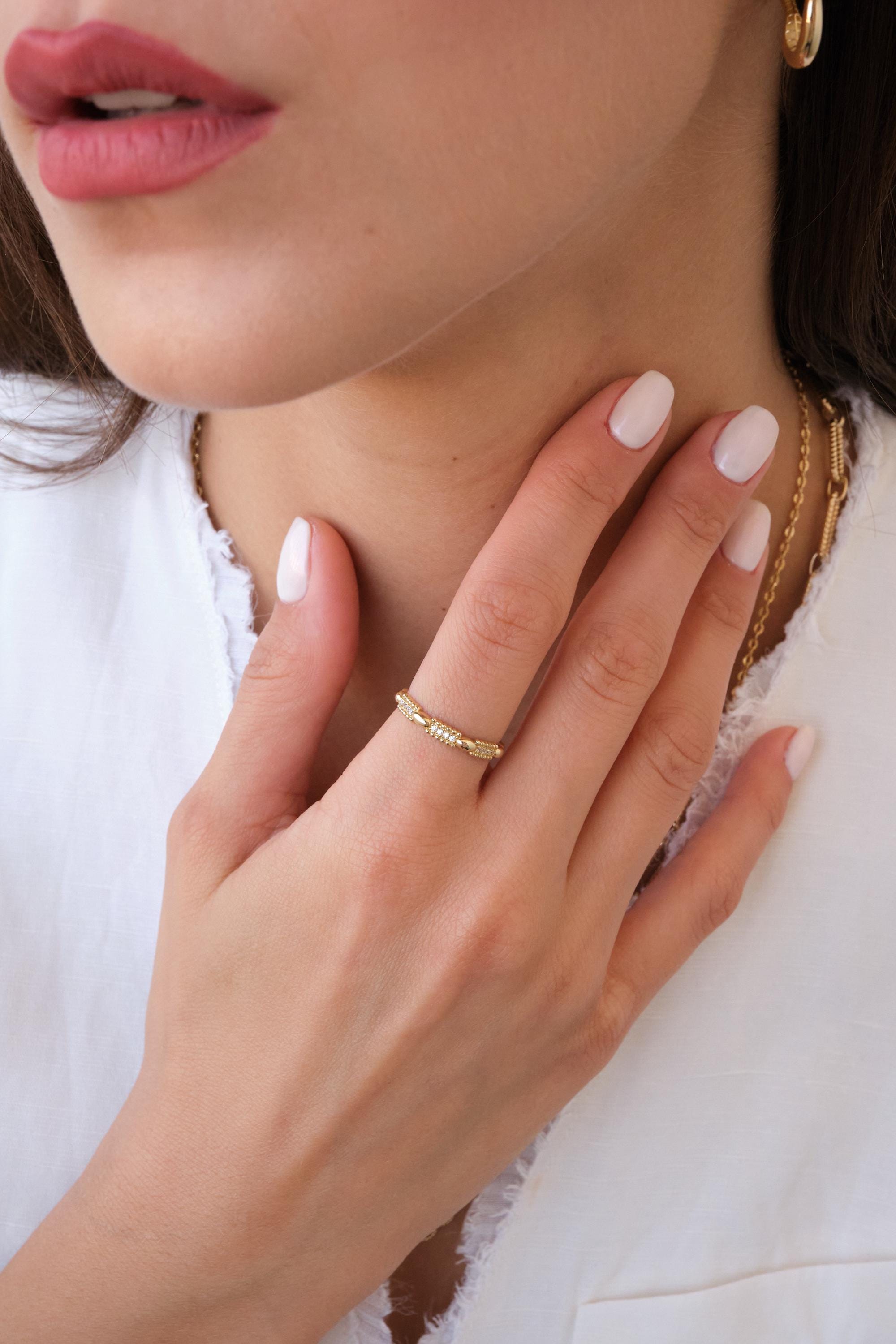 14K Gold CZ Bar Ring, Dainty Bar Station Ring, Minimal Pavé Gold Ring, Thin Everyday Gold Ring, Stacking Ring Gift for Her