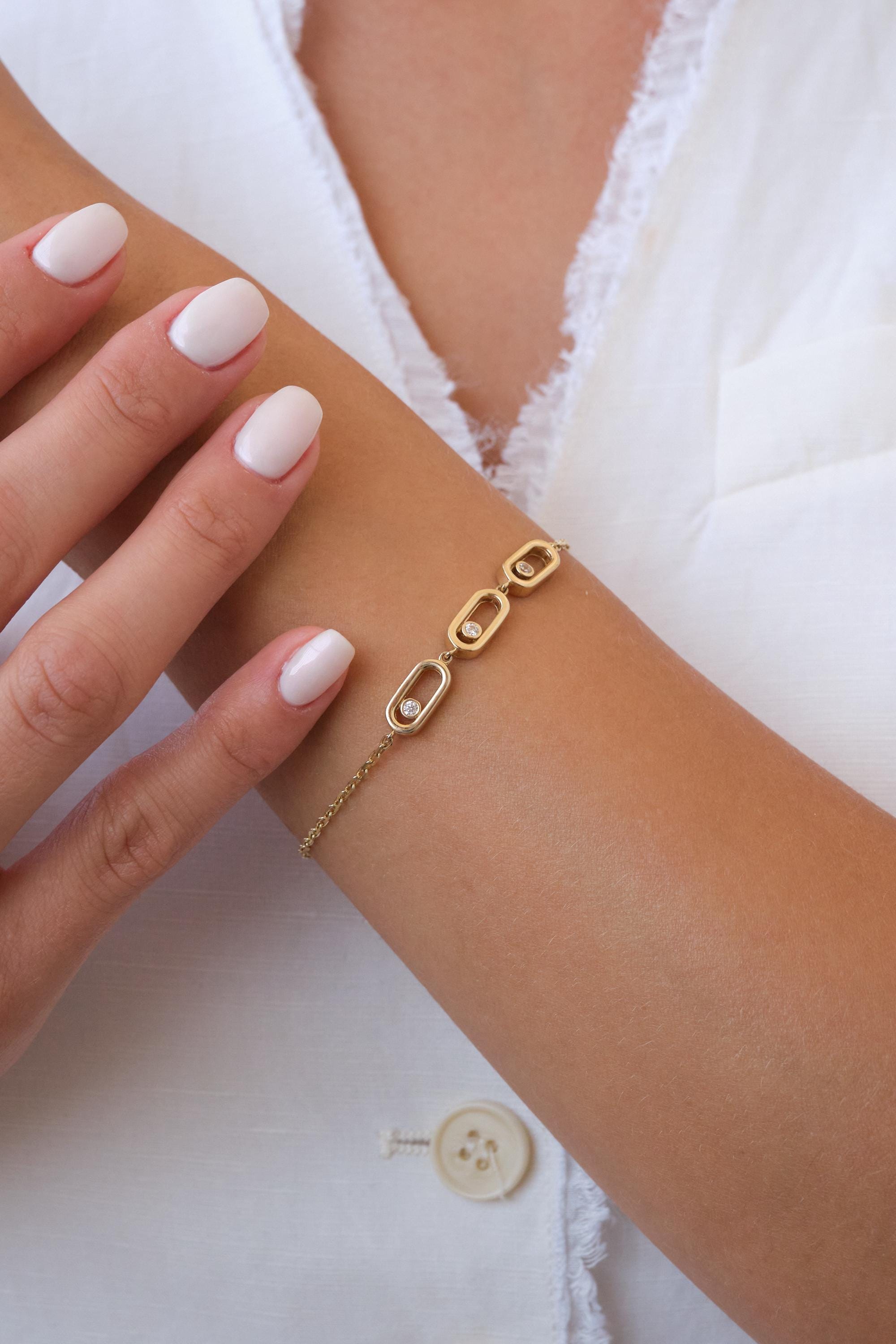 14K Gold CZ Paperclip Bracelet, Oval Link Gold Bracelet, Minimal Sparkly Gold Chain Bracelet, Cubic Zirconia Link Bracelet, Gift for Her