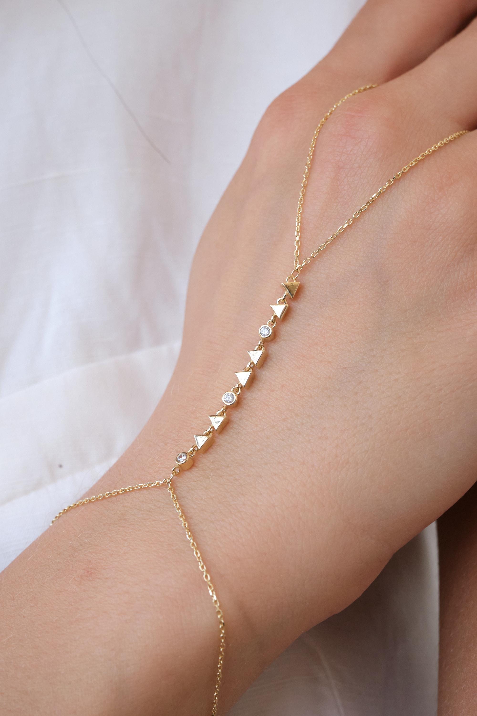 14K Gold Slave Hand Chain Bracelet, Cz Ring Bracelet, Minimal Hand Harness Jewelry for Women
