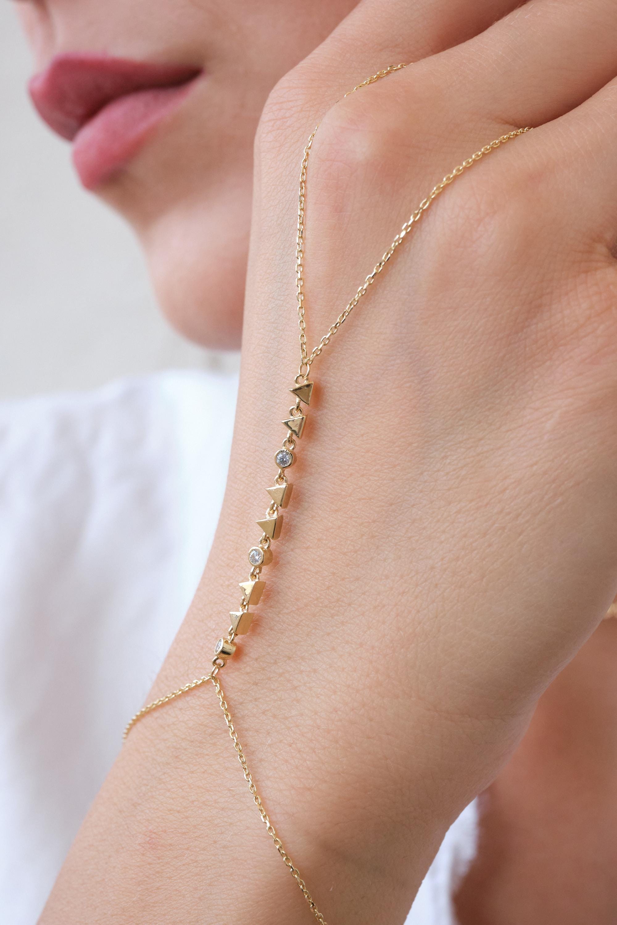 14K Gold Slave Hand Chain Bracelet, Cz Ring Bracelet, Minimal Hand Harness Jewelry for Women