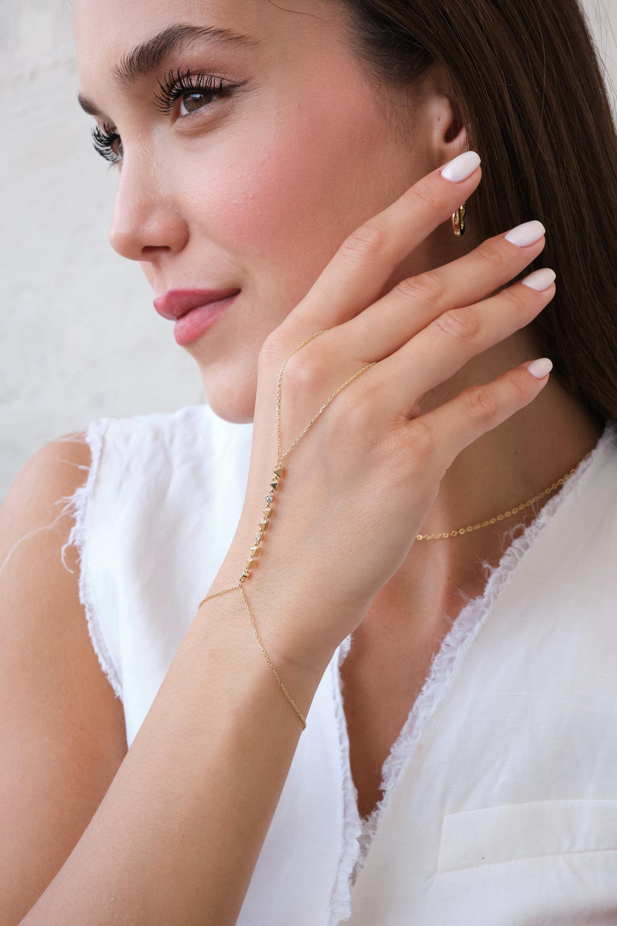 14K Gold Slave Hand Chain Bracelet, Cz Ring Bracelet, Minimal Hand Harness Jewelry for Women