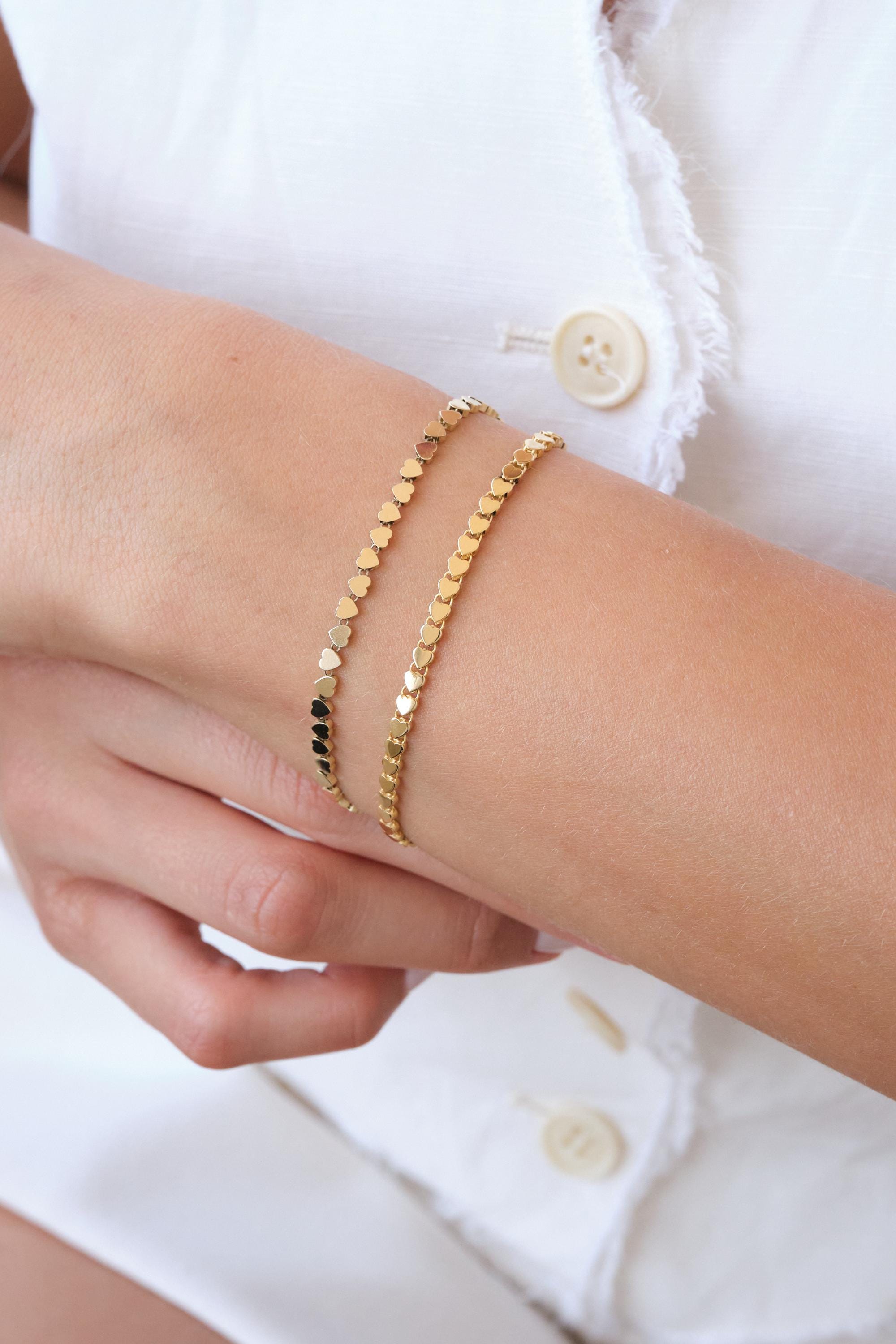 14K Gold Heart Bracelet, 3mm Minimal Dainty Gold Bracelet, Heart Charm Jewelry Gift for Her