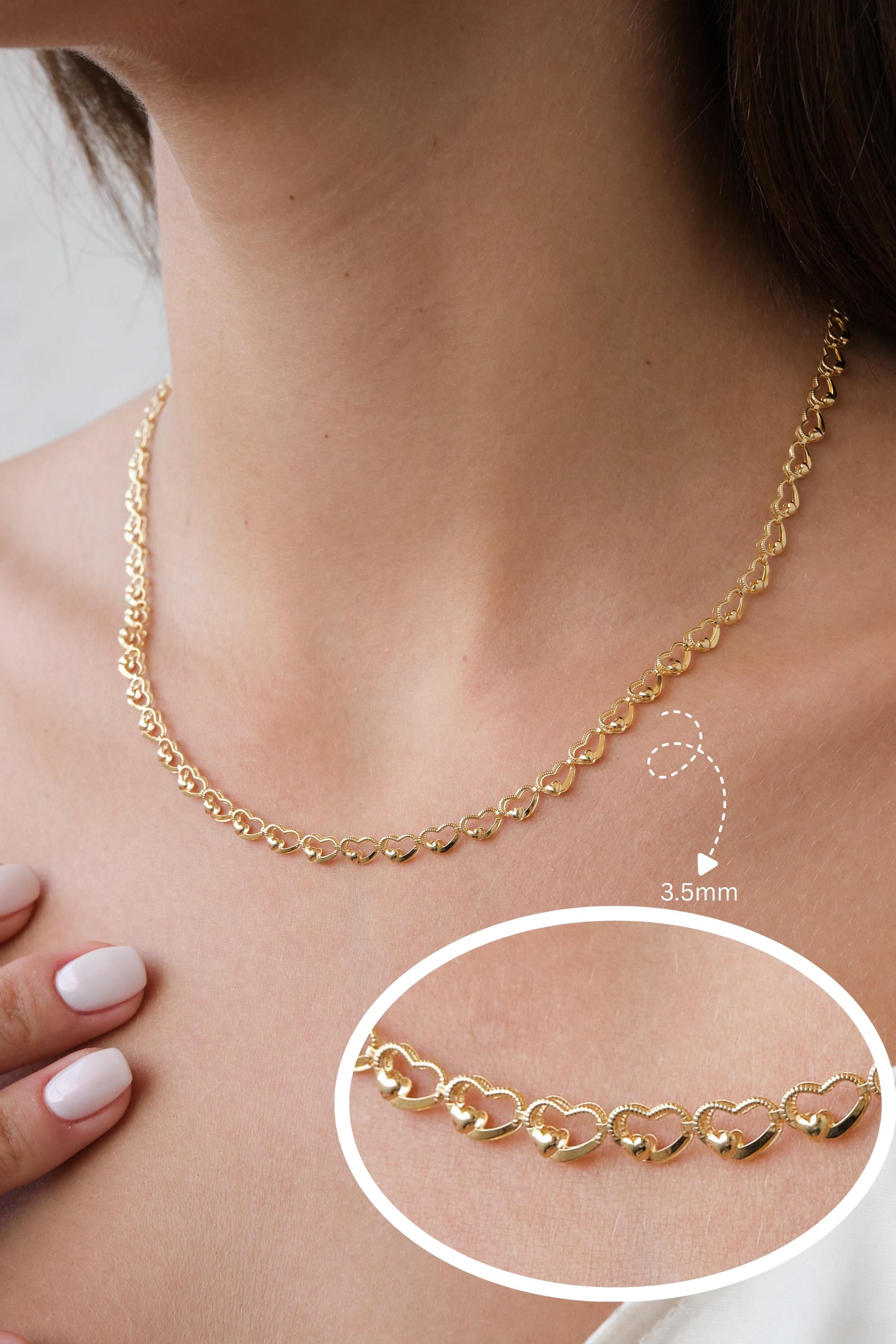 14K Gold Heart Chain Necklace, Minimal Gold Necklace, Dainty Heart Link Necklace, Everyday Gold Jewelry Gift for Her