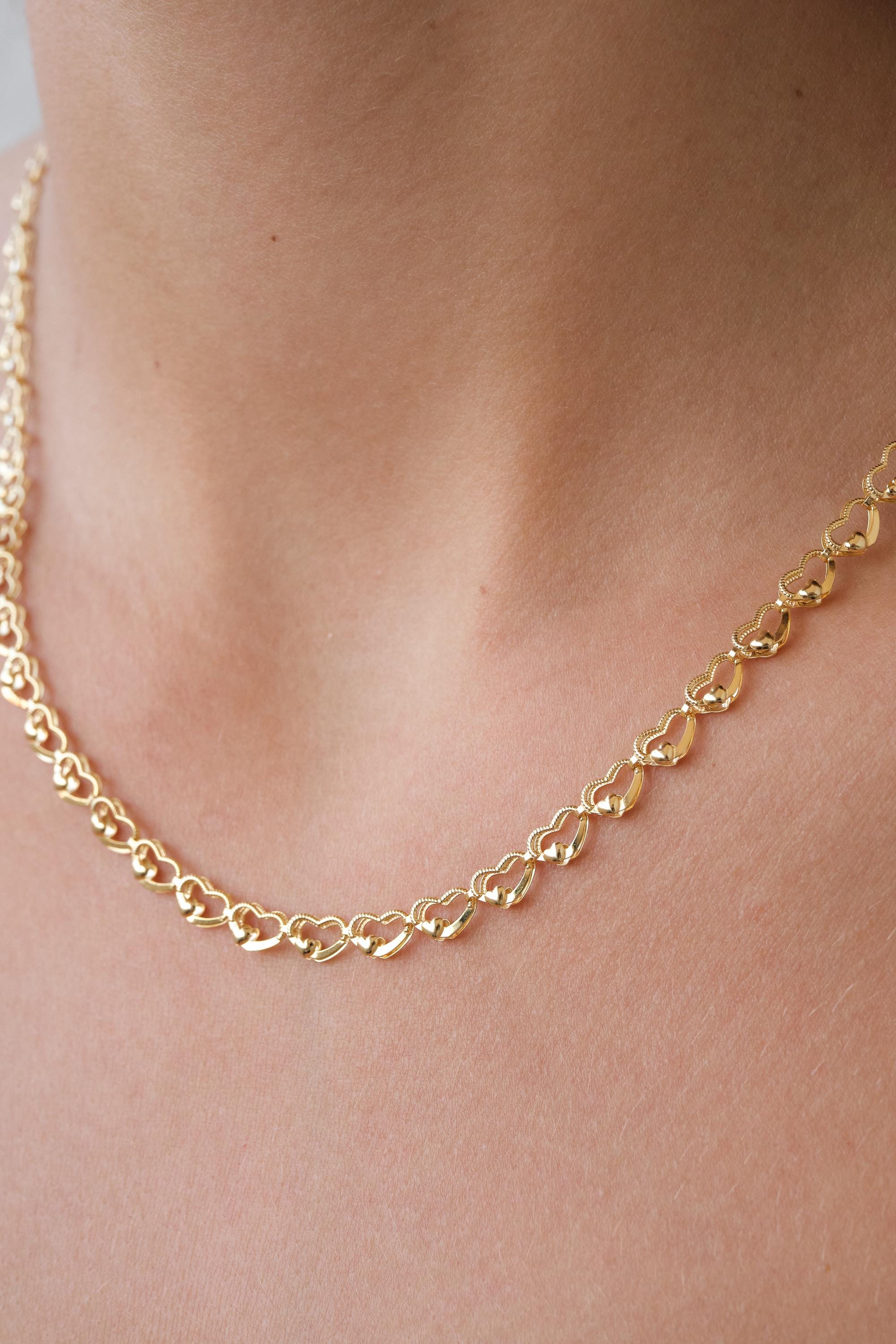 14K Gold Heart Chain Necklace, Minimal Gold Necklace, Dainty Heart Link Necklace, Everyday Gold Jewelry Gift for Her