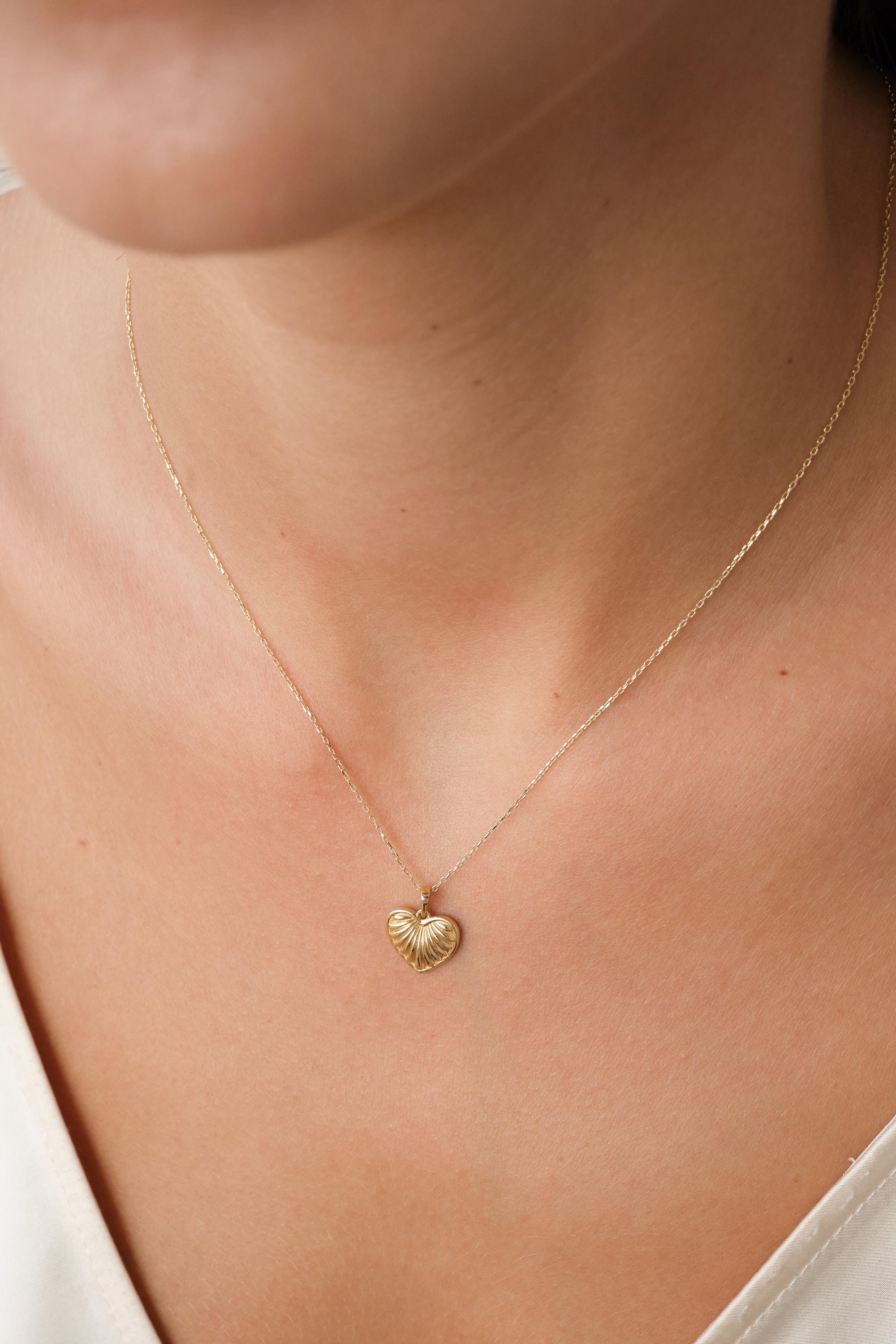 14K Gold Heart Pendant Necklace, Textured Heart Necklace, Minimal Gold Necklace, Dainty Everyday Gold Jewelry Gift for Her