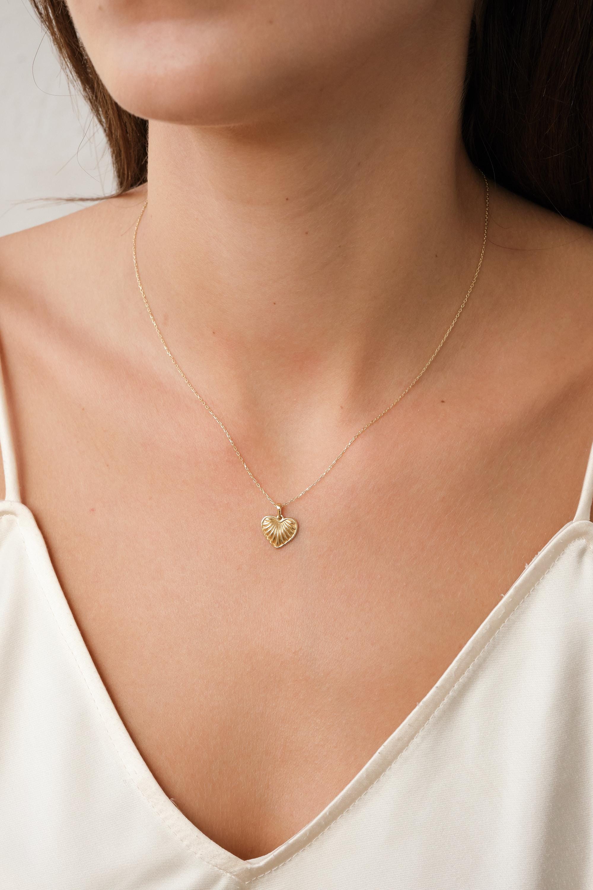 14K Gold Heart Pendant Necklace, Textured Heart Necklace, Minimal Gold Necklace, Dainty Everyday Gold Jewelry Gift for Her