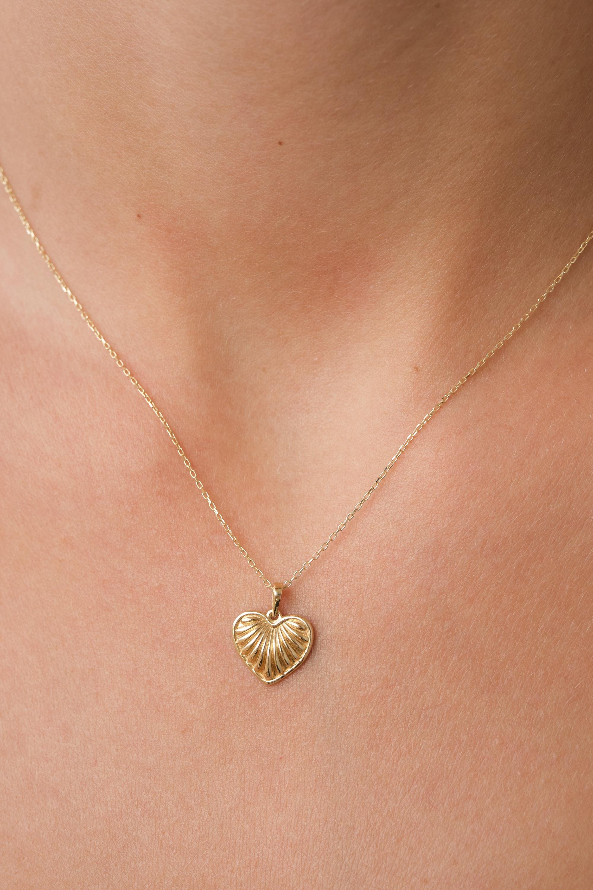 14K Gold Heart Pendant Necklace, Textured Heart Necklace, Minimal Gold Necklace, Dainty Everyday Gold Jewelry Gift for Her