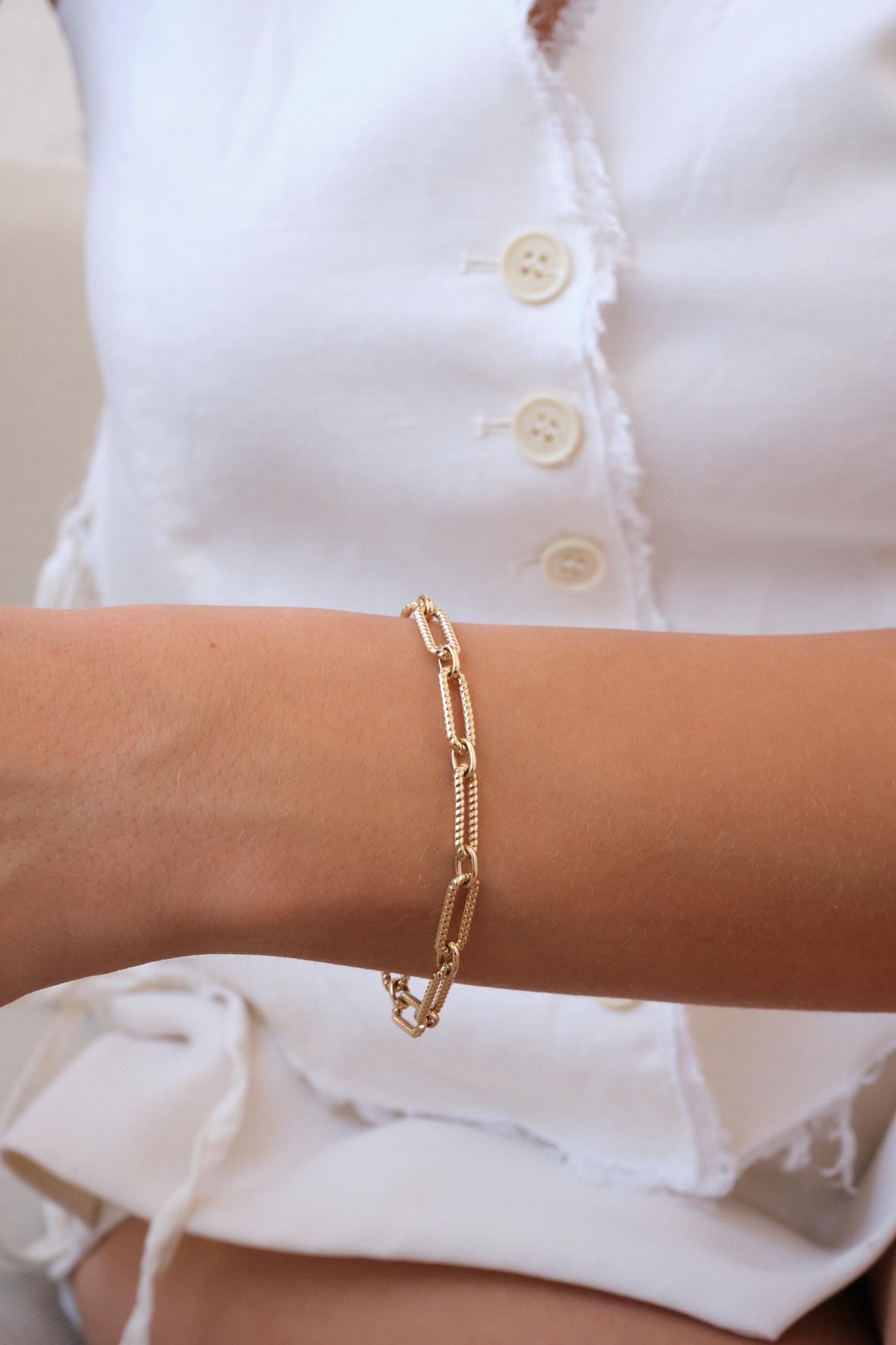 14K Gold Paperclip Chain Bracelet, 4.5mm Rectangle Long Chain, Rope Chain Link Bracelet, Stacking Bracelets, Twisted Chain, Gift For Her