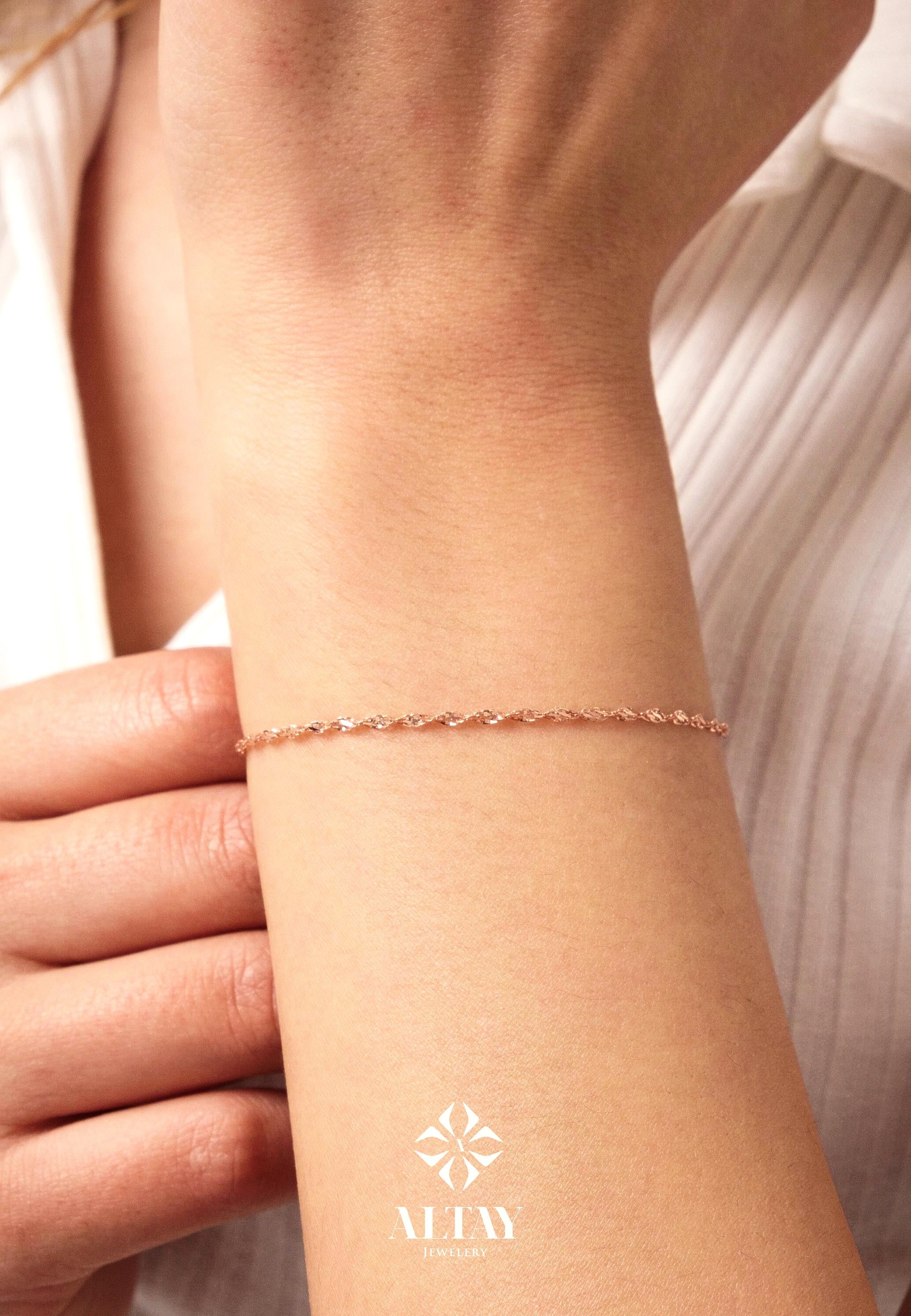 14K Gold Singapore Chain Bracelet, 1.2mm Twisted Gold Bracelet, Shiny Minimal Gold Jewelry, Stacking Bracelet Gift