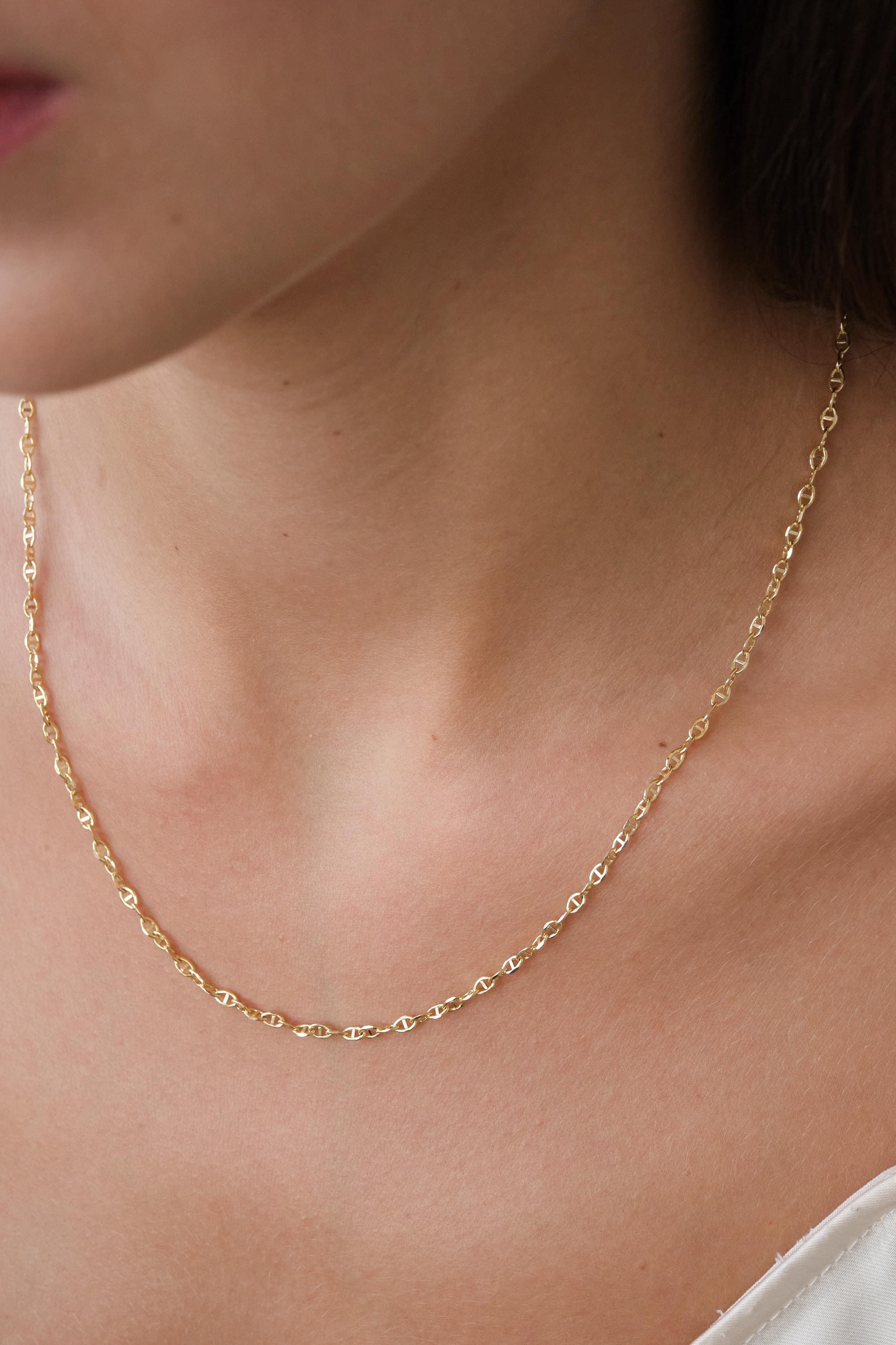 14K Gold Mariner Chain Necklace, 2mm Mariner Link Chain Necklace, Anchor Link Necklace, Minimalist Layering Necklace