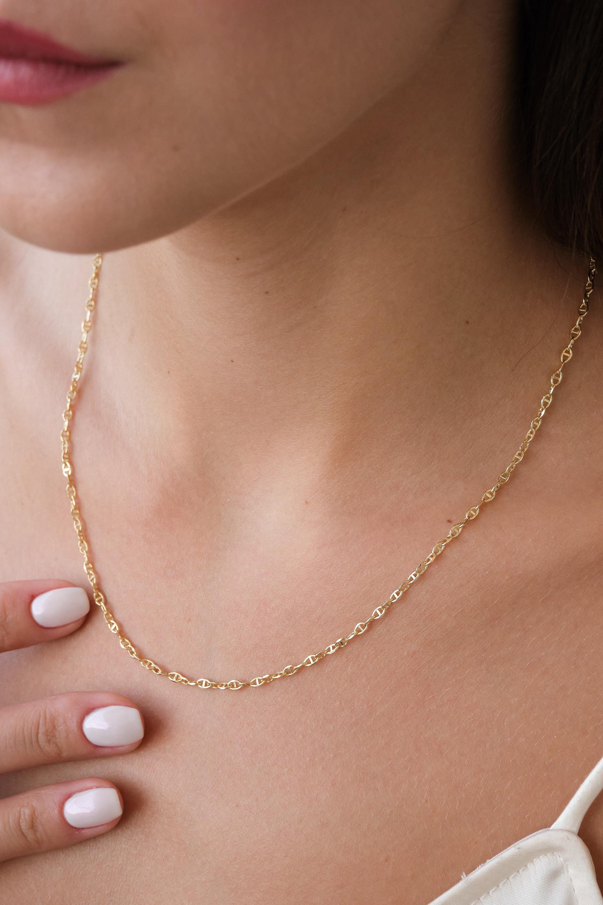 14K Gold Mariner Chain Necklace, 2mm Mariner Link Chain Necklace, Anchor Link Necklace, Minimalist Layering Necklace