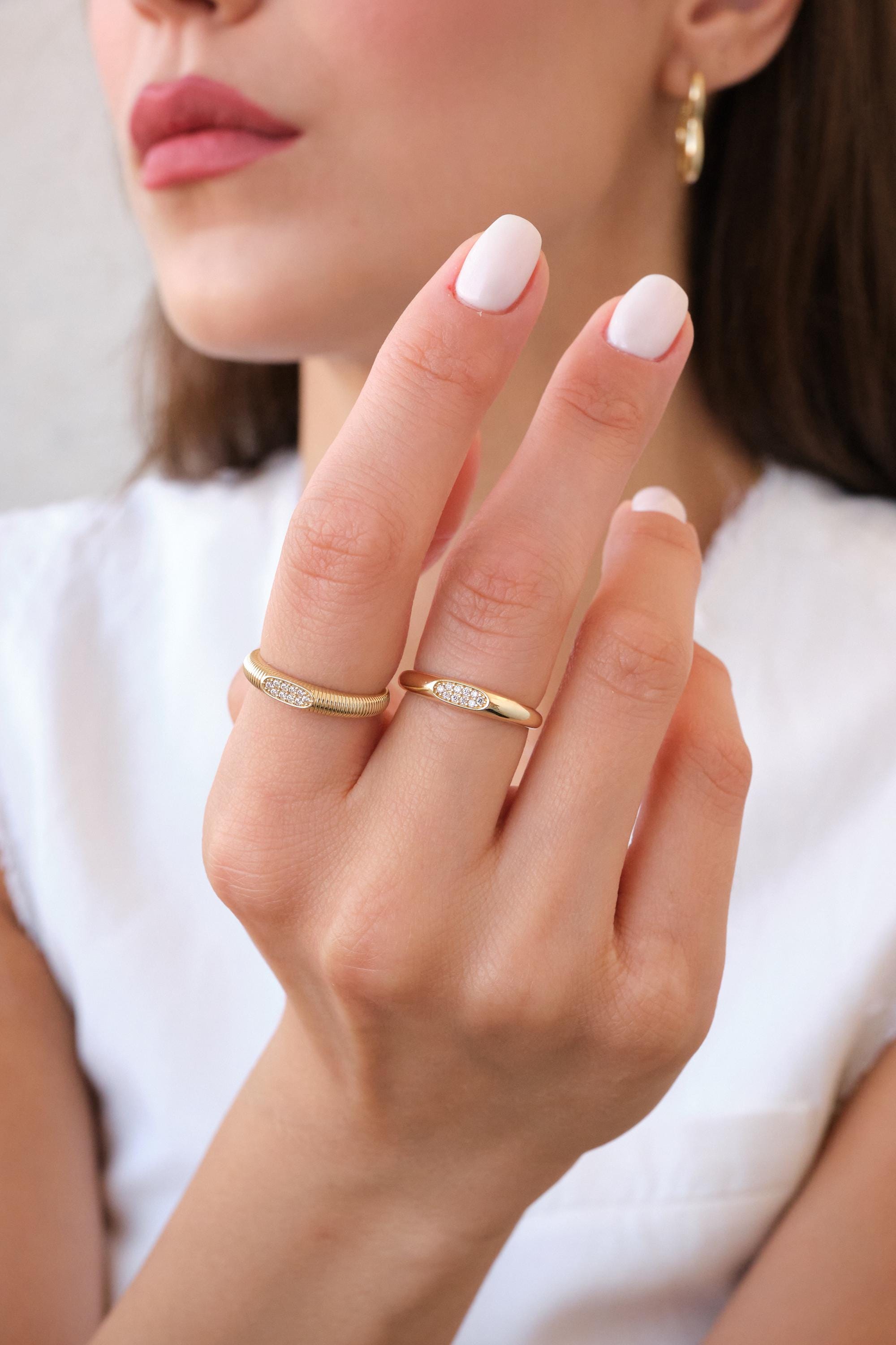 14K Gold Oval CZ Ring, Minimal Gold Band Ring, Dainty Everyday Gold Ring, Modern Stackable CZ Ring