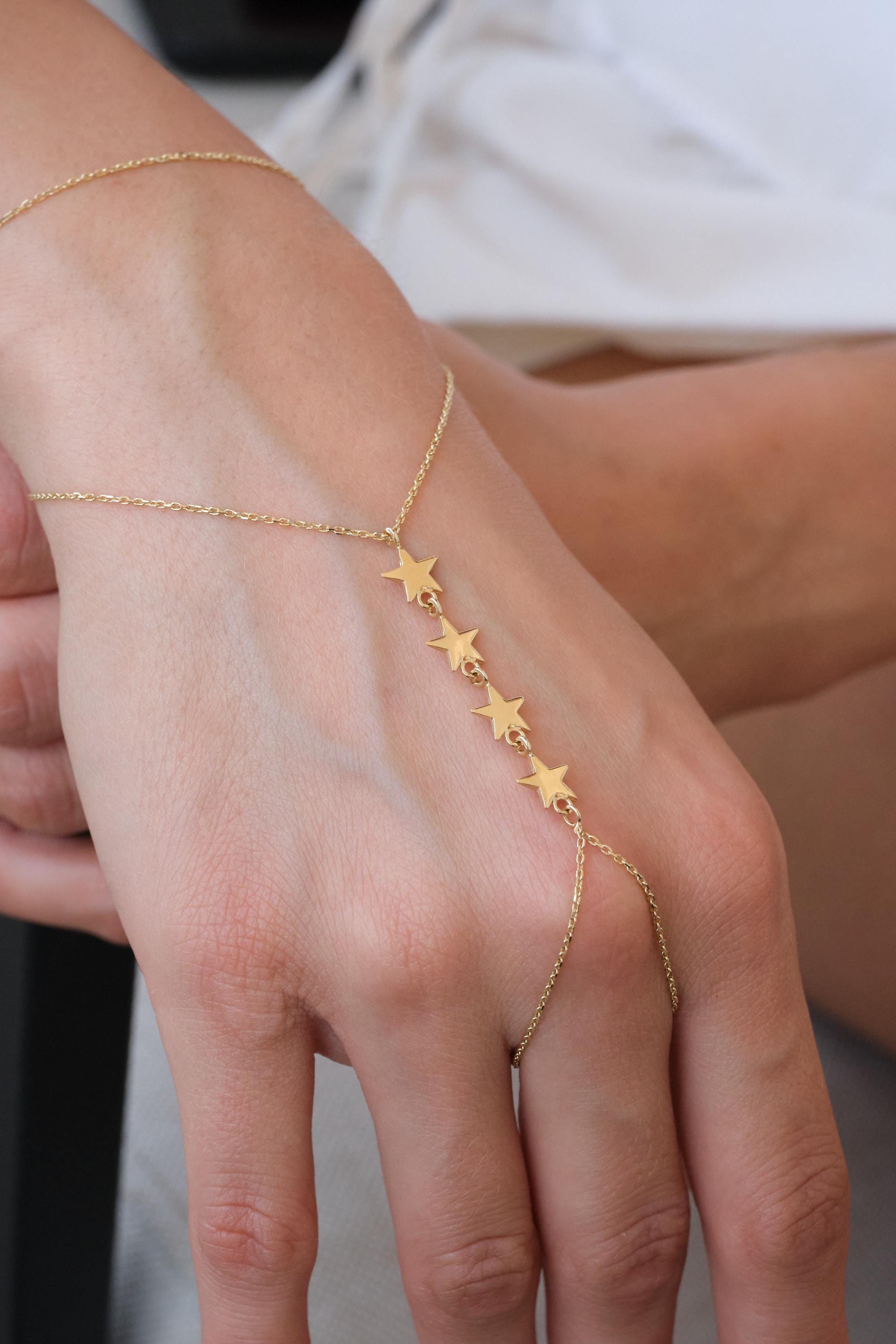 14K Gold Star Hand Chain Bracelet, Minimal Star Slave Bracelet, Delicate Hand Jewelry, Gift for Her