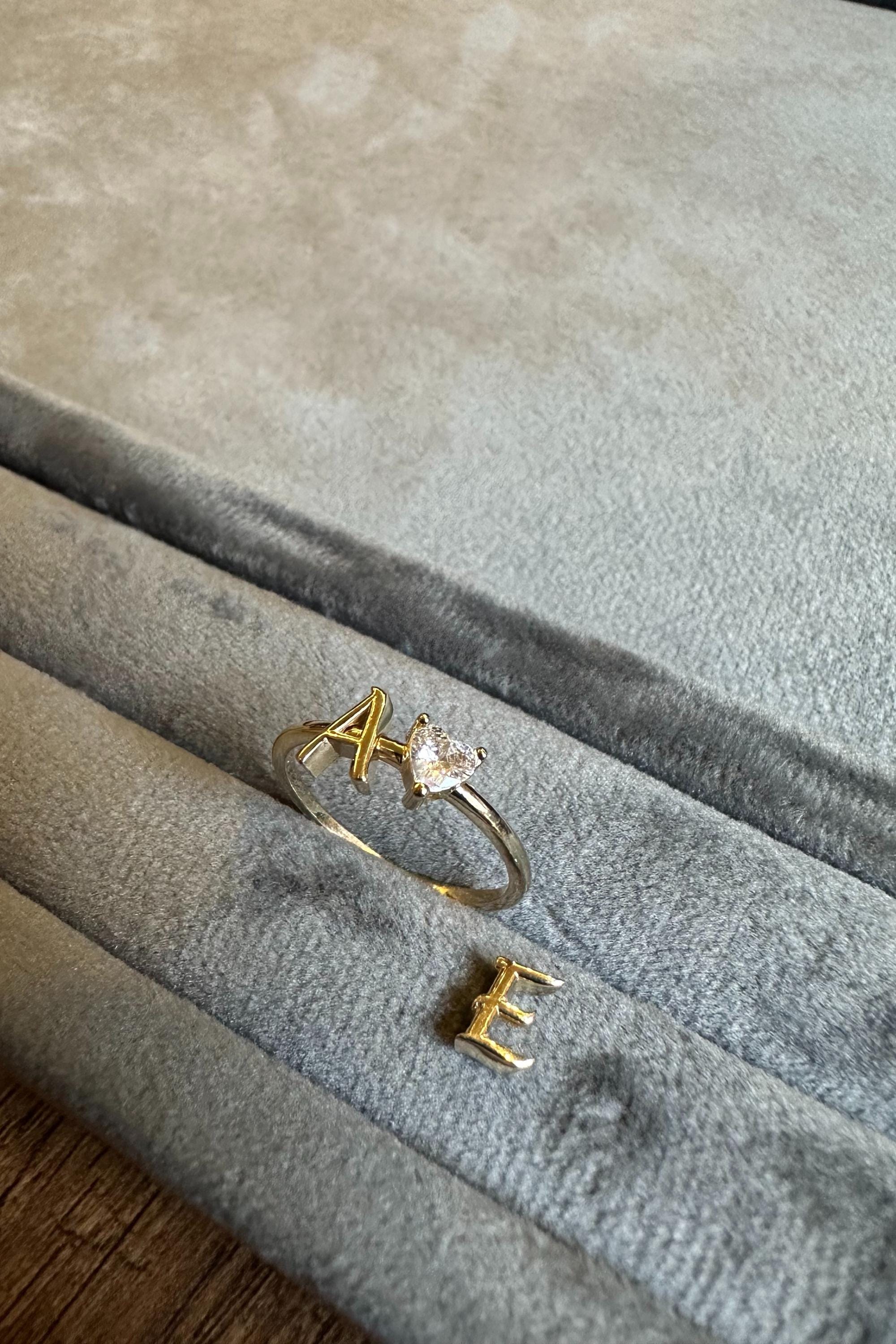 14K Gold Initial Ring with Removable Letters, Heart Stone Ring, Personalized Letter Ring, Custom Name Ring, Meaningful Gift for Her