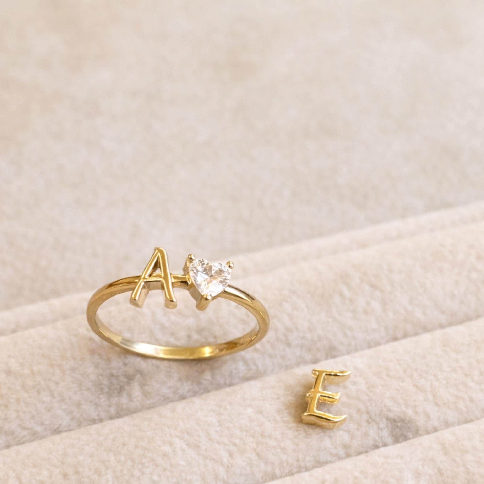 14K Gold Initial Ring with Removable Letters, Heart Stone Ring, Personalized Letter Ring, Custom Name Ring, Meaningful Gift for Her
