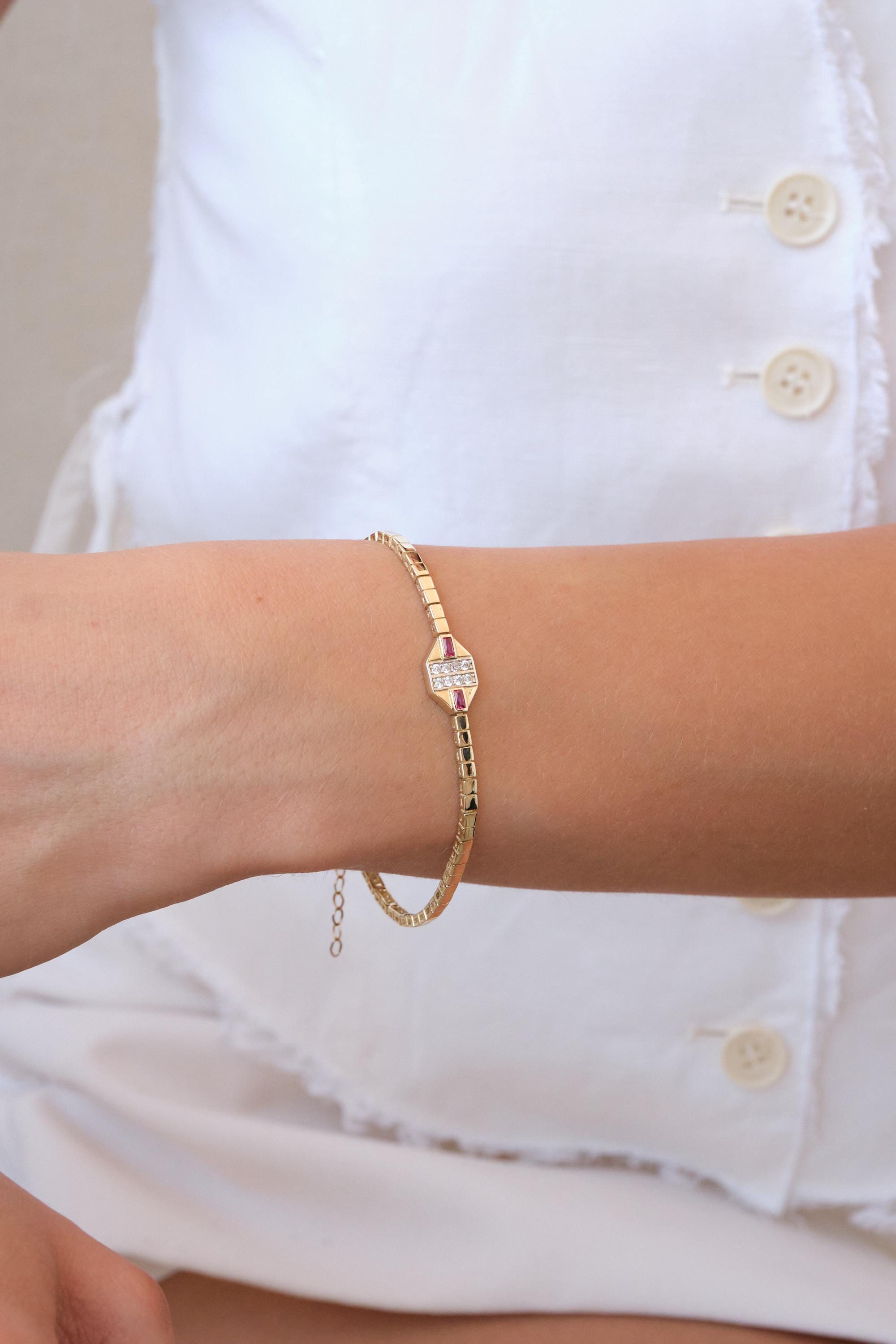14K Gold Ruby Station Bracelet, Ruby Bar Box Chain Bracelet, Minimal Gemstone Gold Bracelet, Gift for Her