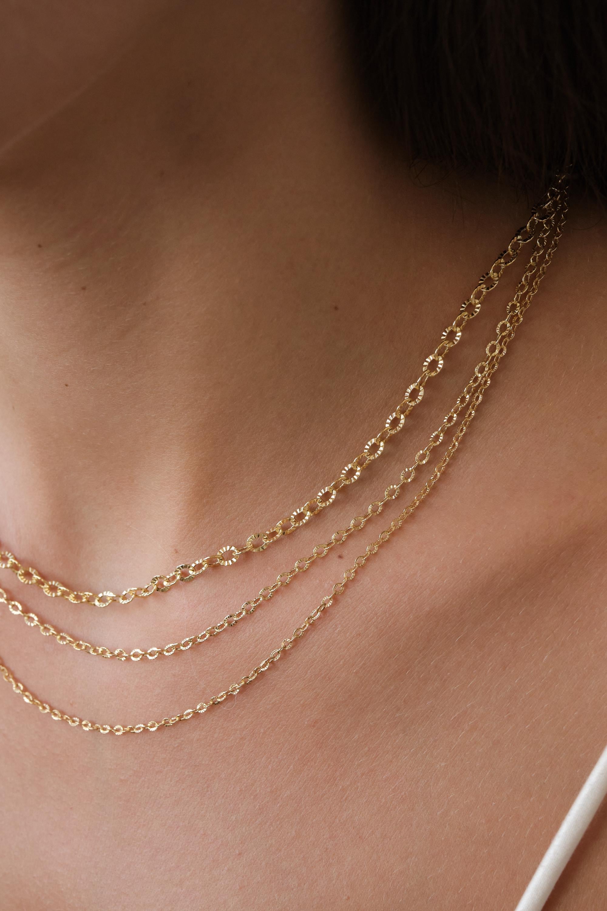14K Gold Textured Oval Link Chain Necklace, 1.5mm 2.5mm 3.9mm Diamond Cut Cable Chain, Layering Necklace Gift for Her