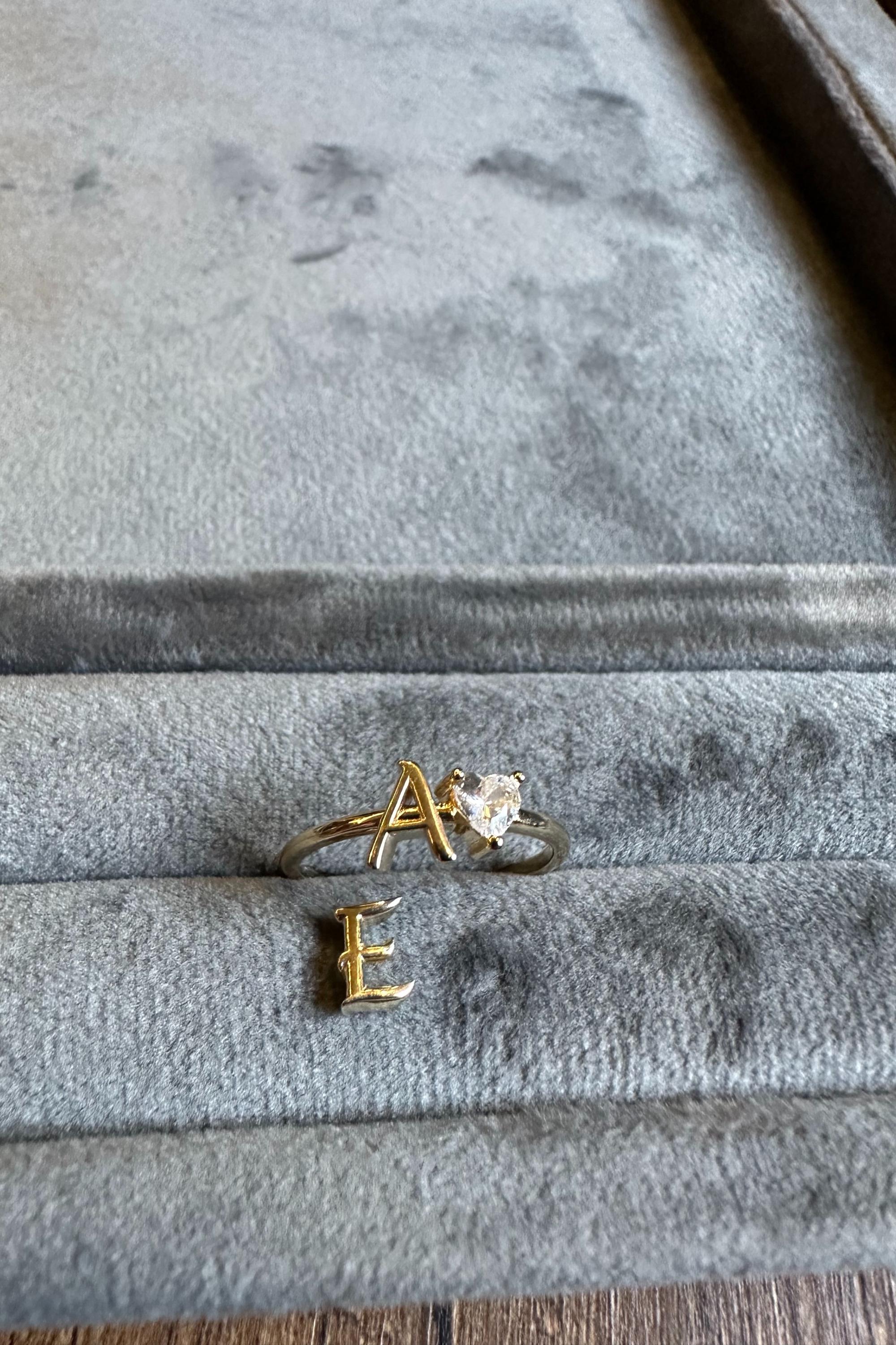 14K Gold Initial Ring with Removable Letters, Heart Stone Ring, Personalized Letter Ring, Custom Name Ring, Meaningful Gift for Her