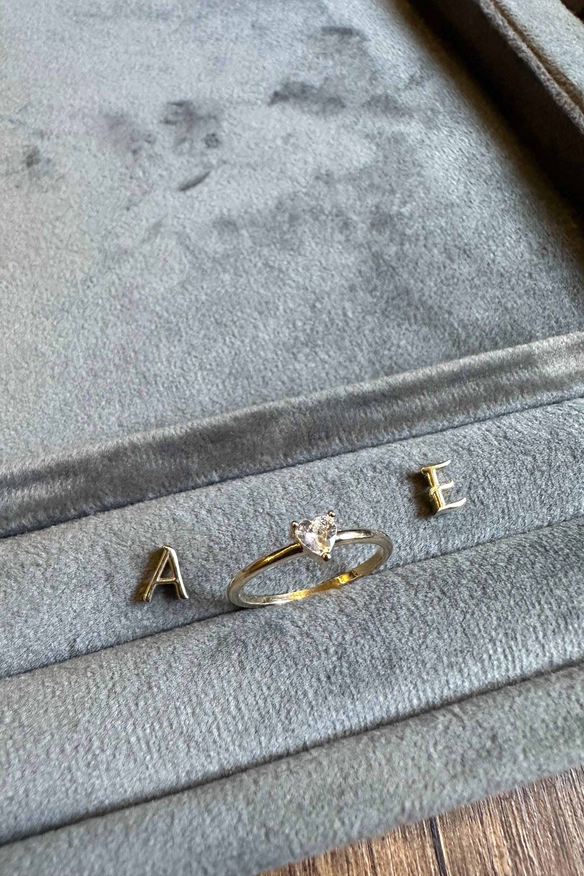 14K Gold Initial Ring with Removable Letters, Heart Stone Ring, Personalized Letter Ring, Custom Name Ring, Meaningful Gift for Her