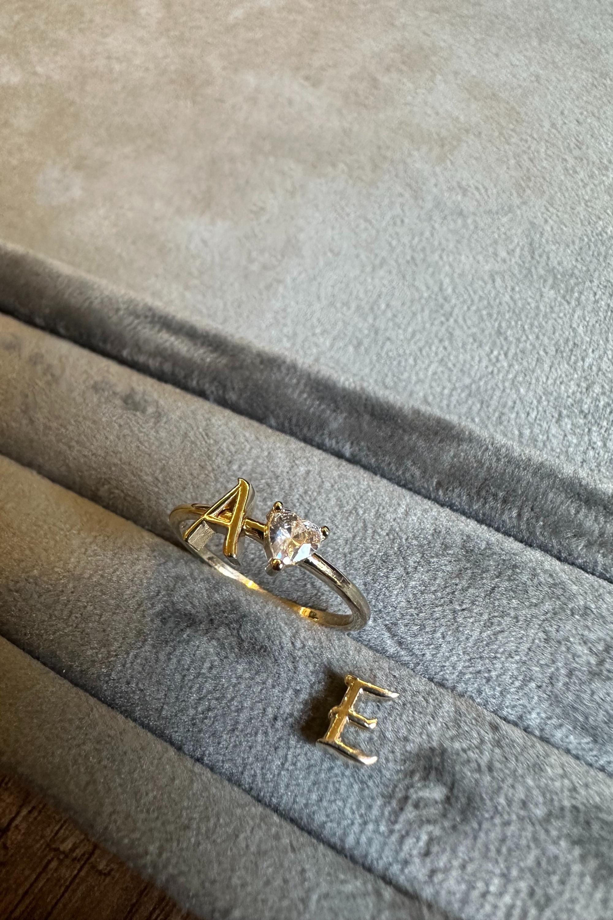 14K Gold Initial Ring with Removable Letters, Heart Stone Ring, Personalized Letter Ring, Custom Name Ring, Meaningful Gift for Her