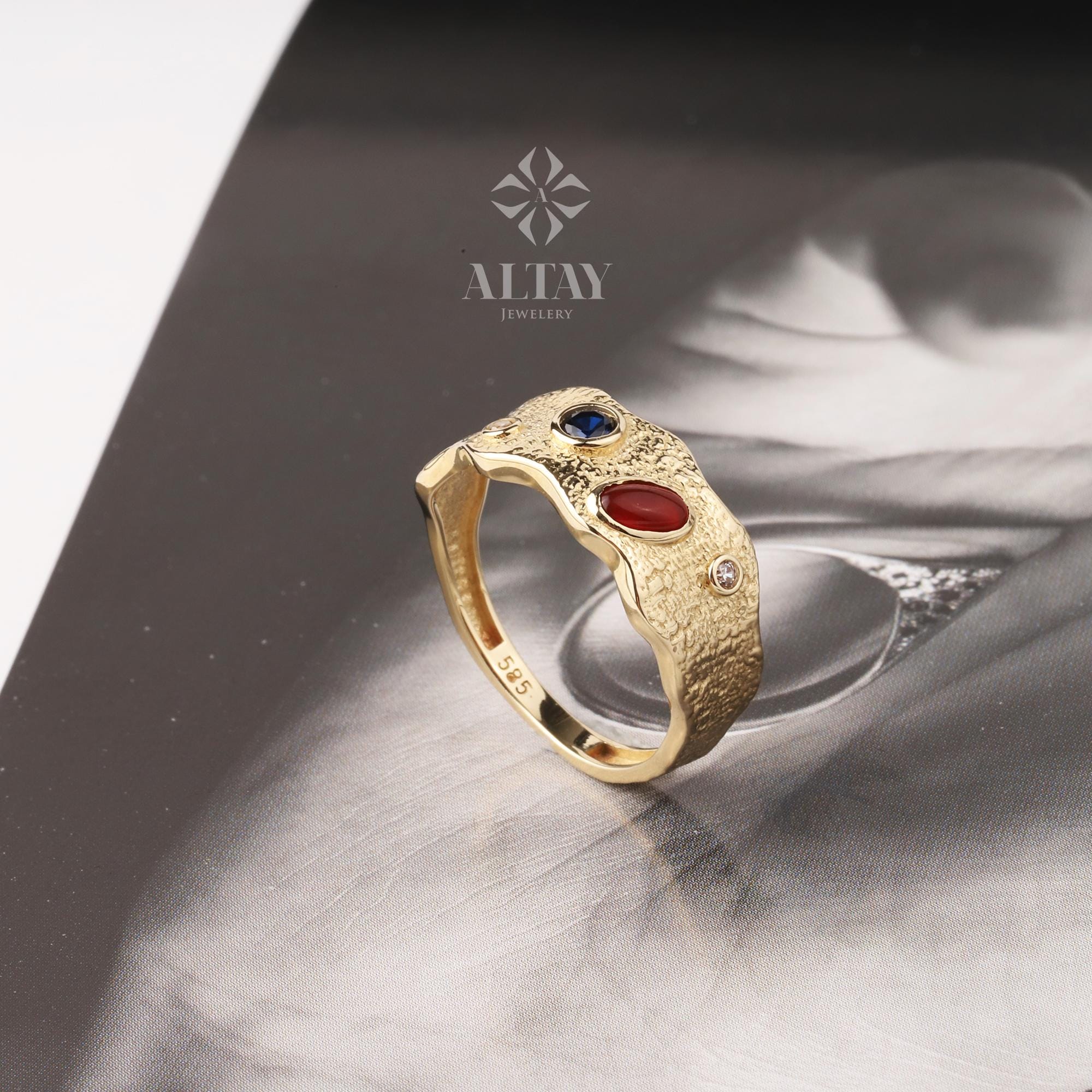 14K Gold Textured Gemstone Ring, Multi Stone Band Ring, Gold Statement Ring, Color Stone Gold Ring