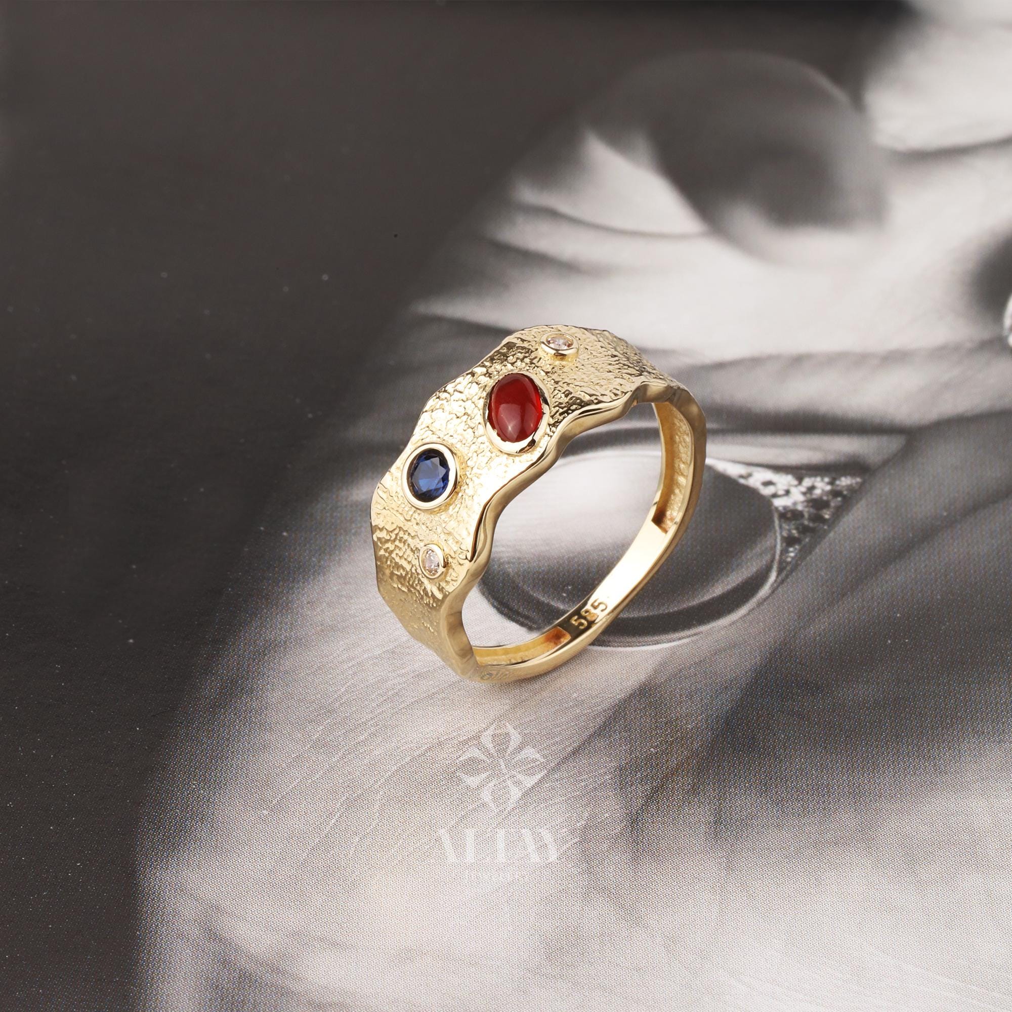 14K Gold Textured Gemstone Ring, Multi Stone Band Ring, Gold Statement Ring, Color Stone Gold Ring