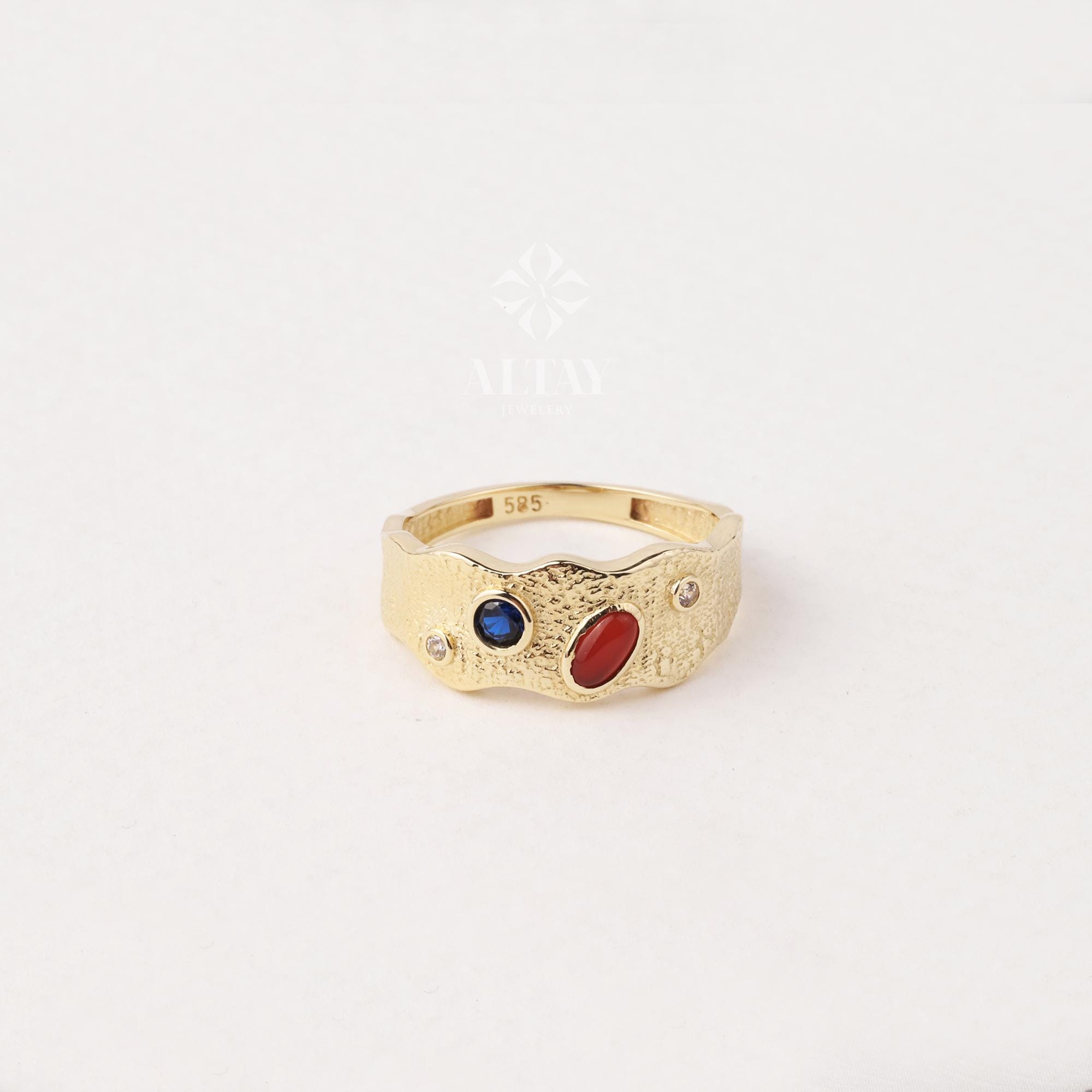 14K Gold Textured Gemstone Ring, Multi Stone Band Ring, Gold Statement Ring, Color Stone Gold Ring