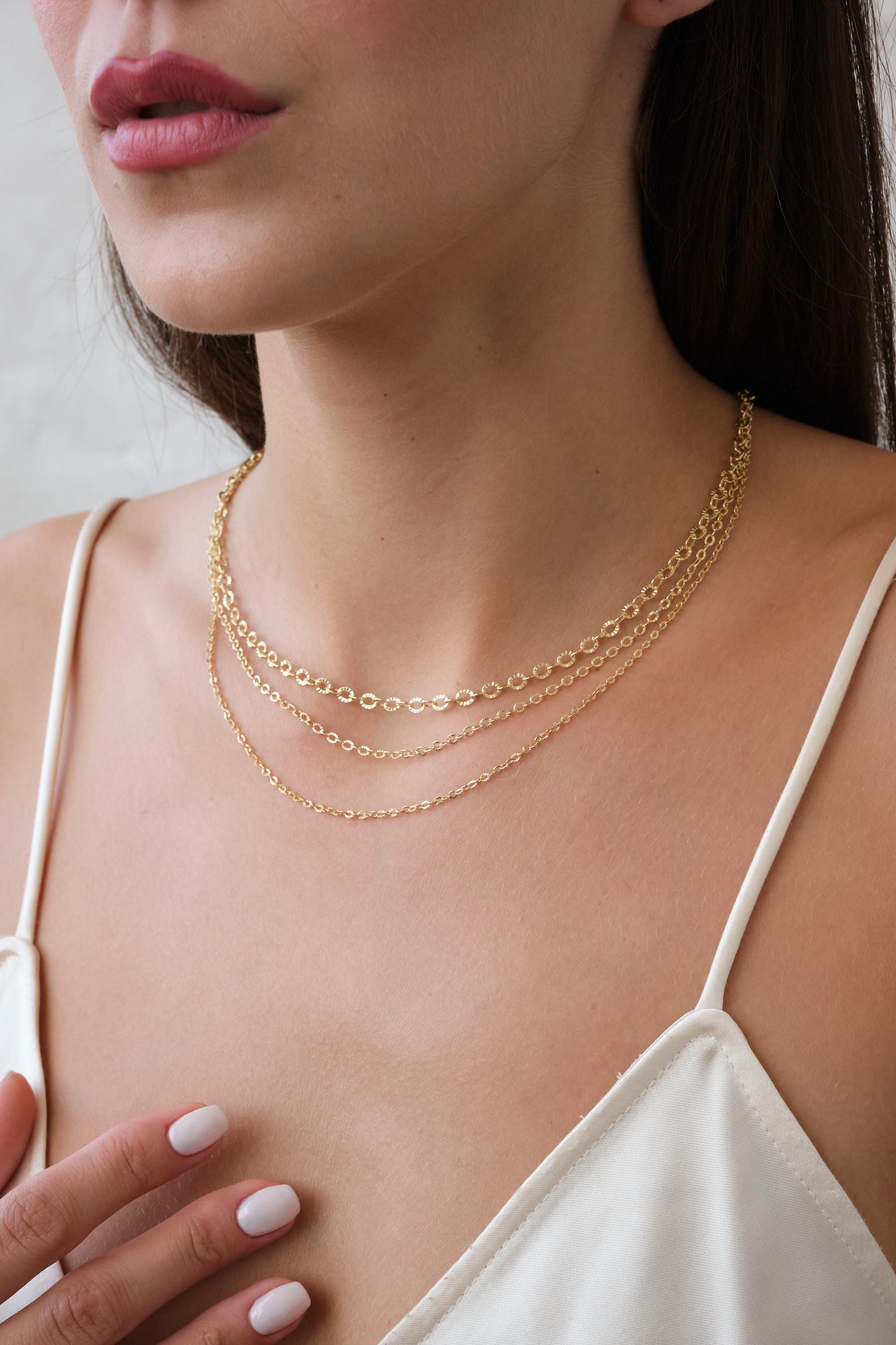 14K Gold Textured Oval Link Chain Necklace, 1.5mm 2.5mm 3.9mm Diamond Cut Cable Chain, Layering Necklace Gift for Her