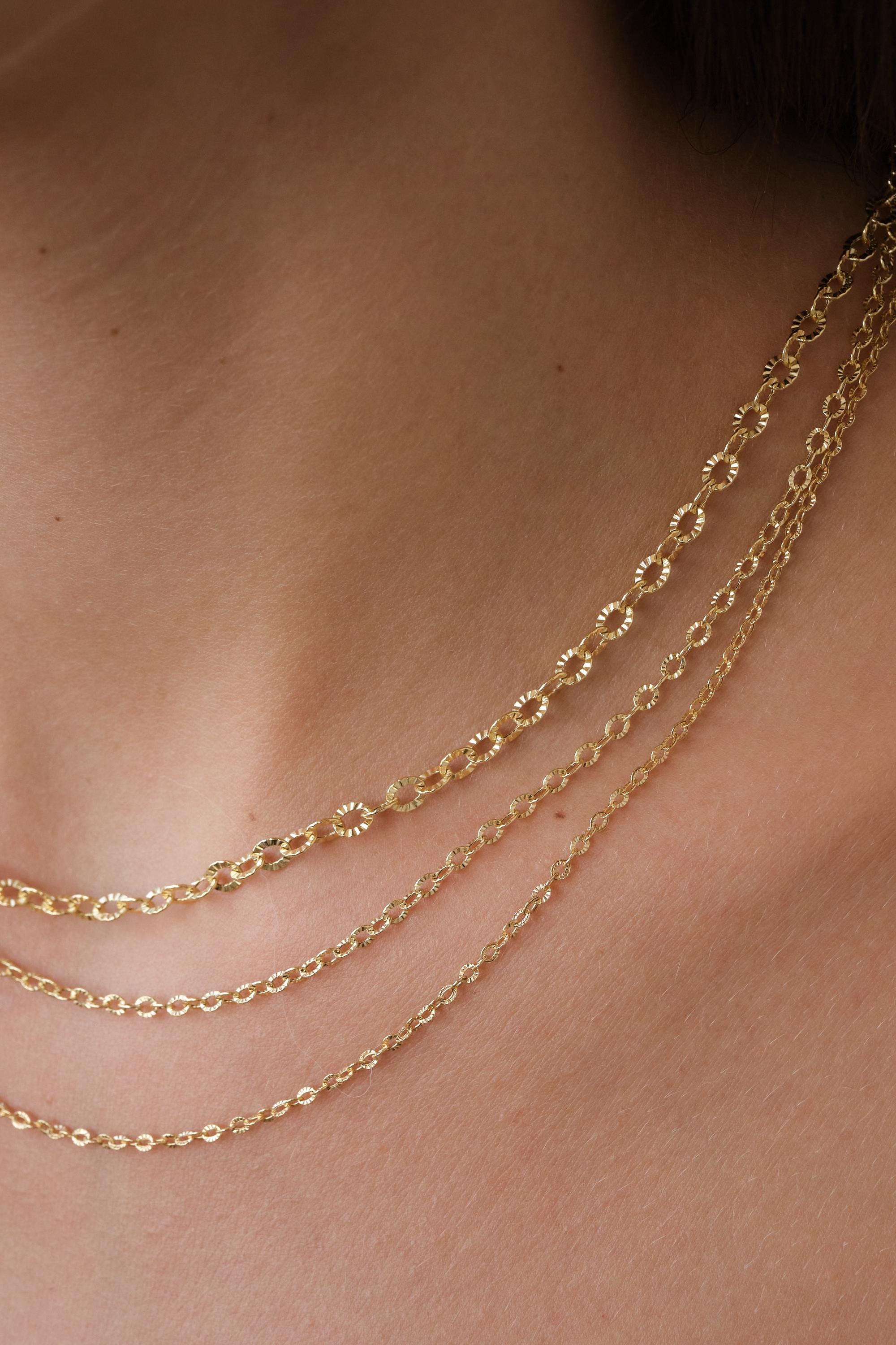 14K Gold Textured Oval Link Chain Necklace, 1.5mm 2.5mm 3.9mm Diamond Cut Cable Chain, Layering Necklace Gift for Her