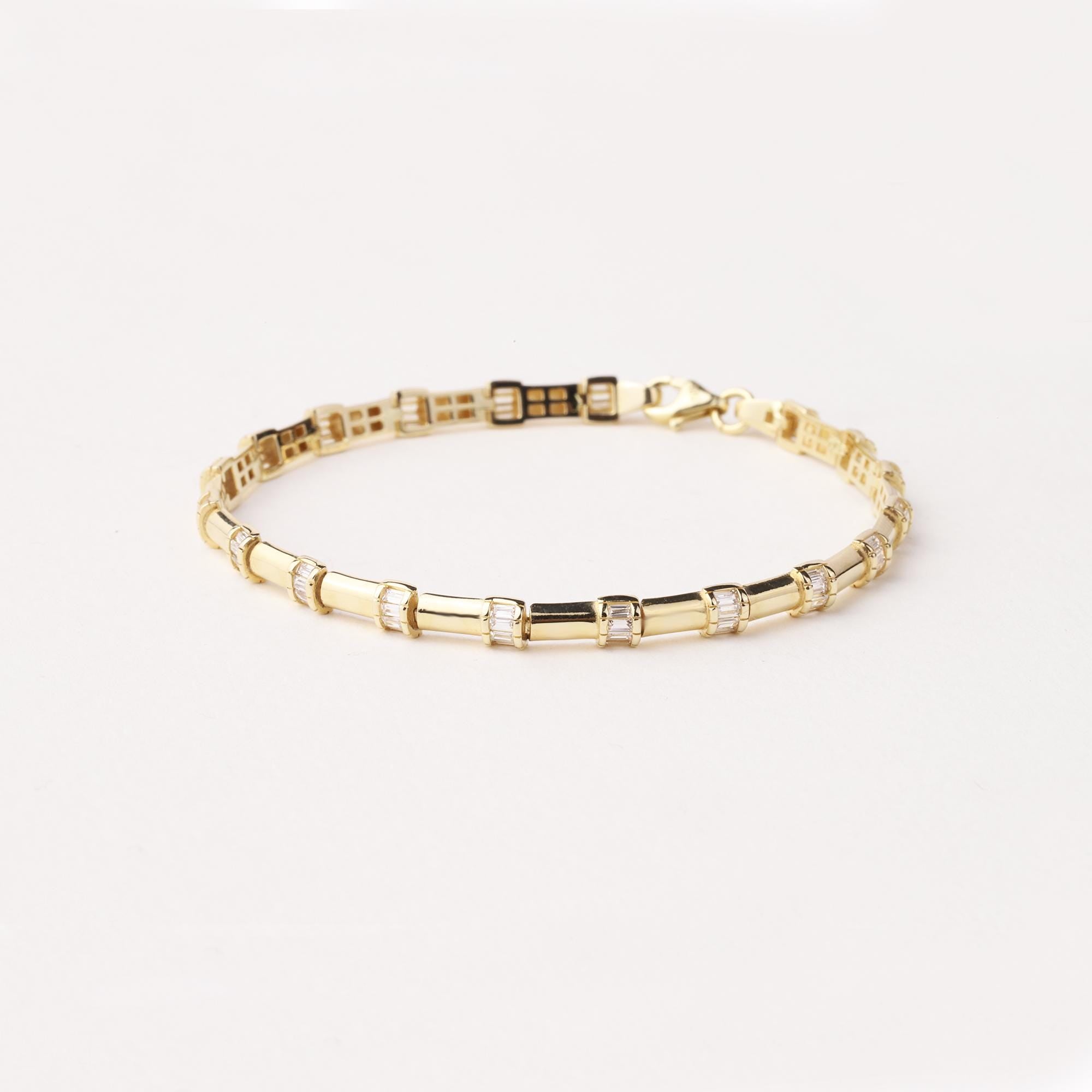 14K Gold Baguette Bracelet, Baguette Link Gold Bracelet, Dainty Gold Bracelet, Minimalist Everyday Fine Jewelry Gift for Her