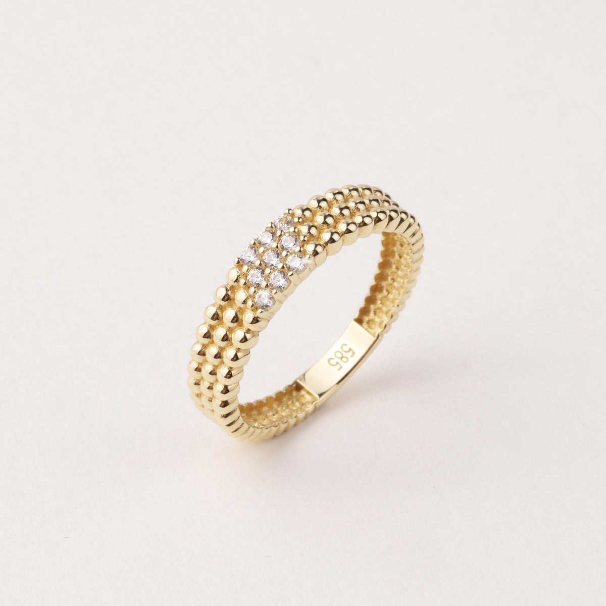 14K Gold Beaded Ring, Three Row Dome Ring, CZ Statement Band, Textured Gold Ring, Women’s Gift, Minimalist Fine Jewelry