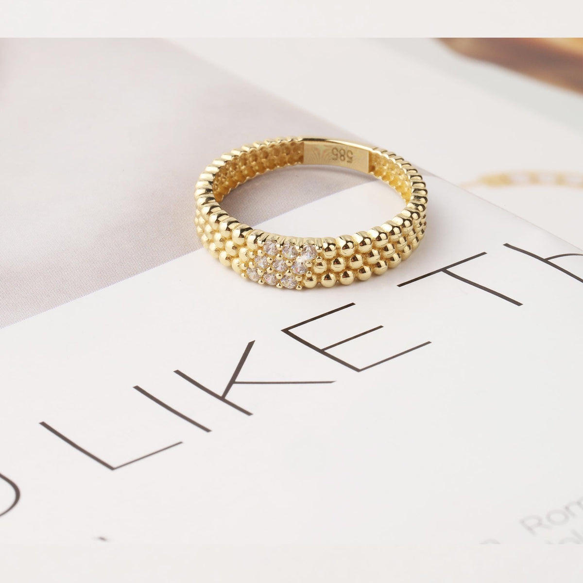 14K Gold Beaded Ring, Three Row Dome Ring, CZ Statement Band, Textured Gold Ring, Women’s Gift, Minimalist Fine Jewelry