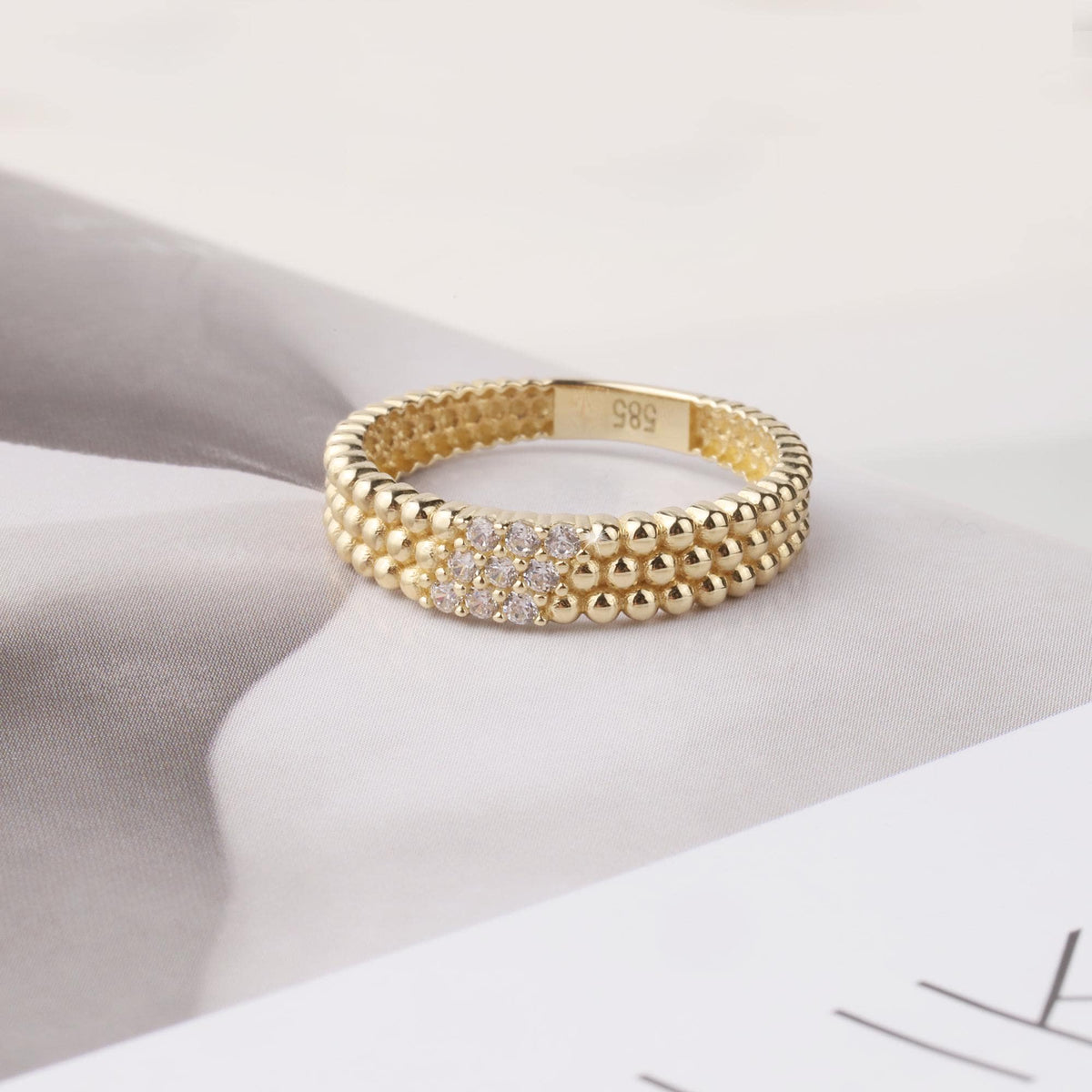 14K Gold Beaded Ring, Three Row Dome Ring, CZ Statement Band, Textured Gold Ring, Women’s Gift, Minimalist Fine Jewelry