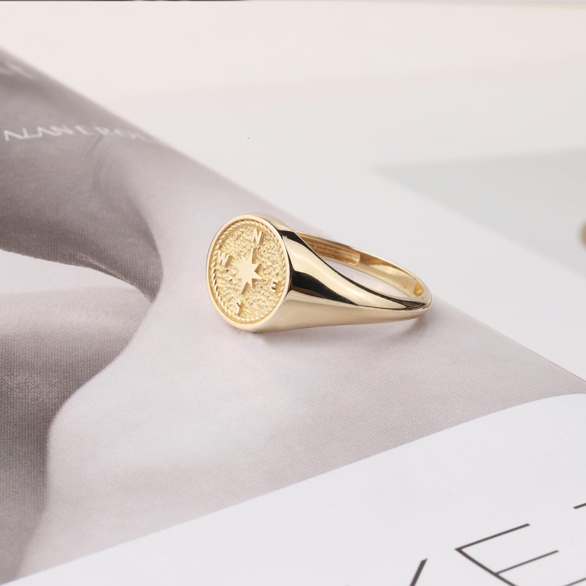 14K Gold Compass Ring, Polar Star Band, North Star Turquoise Ring, Astrology Starburst Ring, Luck Star, Celestial Pinky Ring