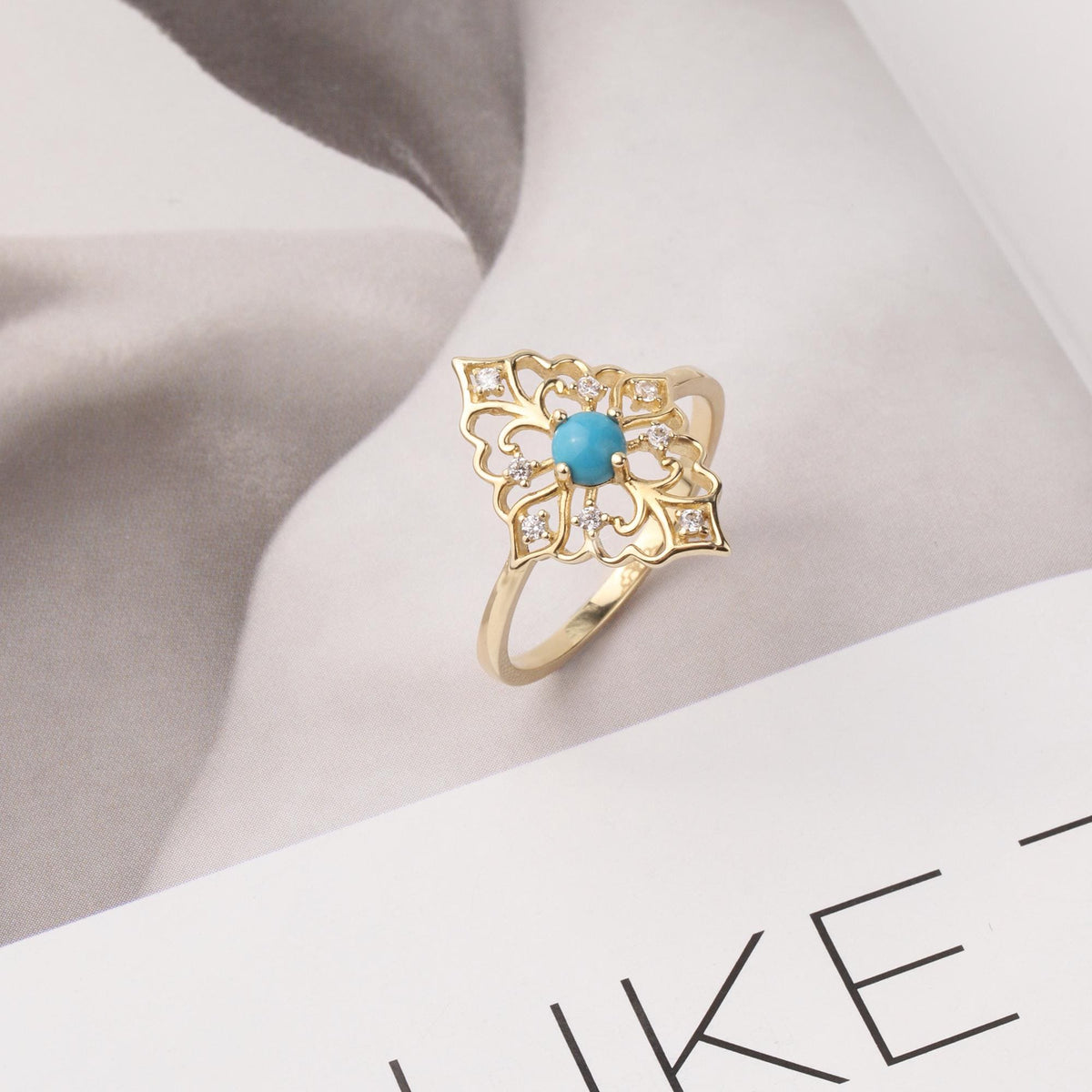 14K Gold Turquoise Filigree Ring, Vintage Inspired Floral Statement Ring, Art Deco Gold Ring, December Birthstone Jewelry, Gift for Her