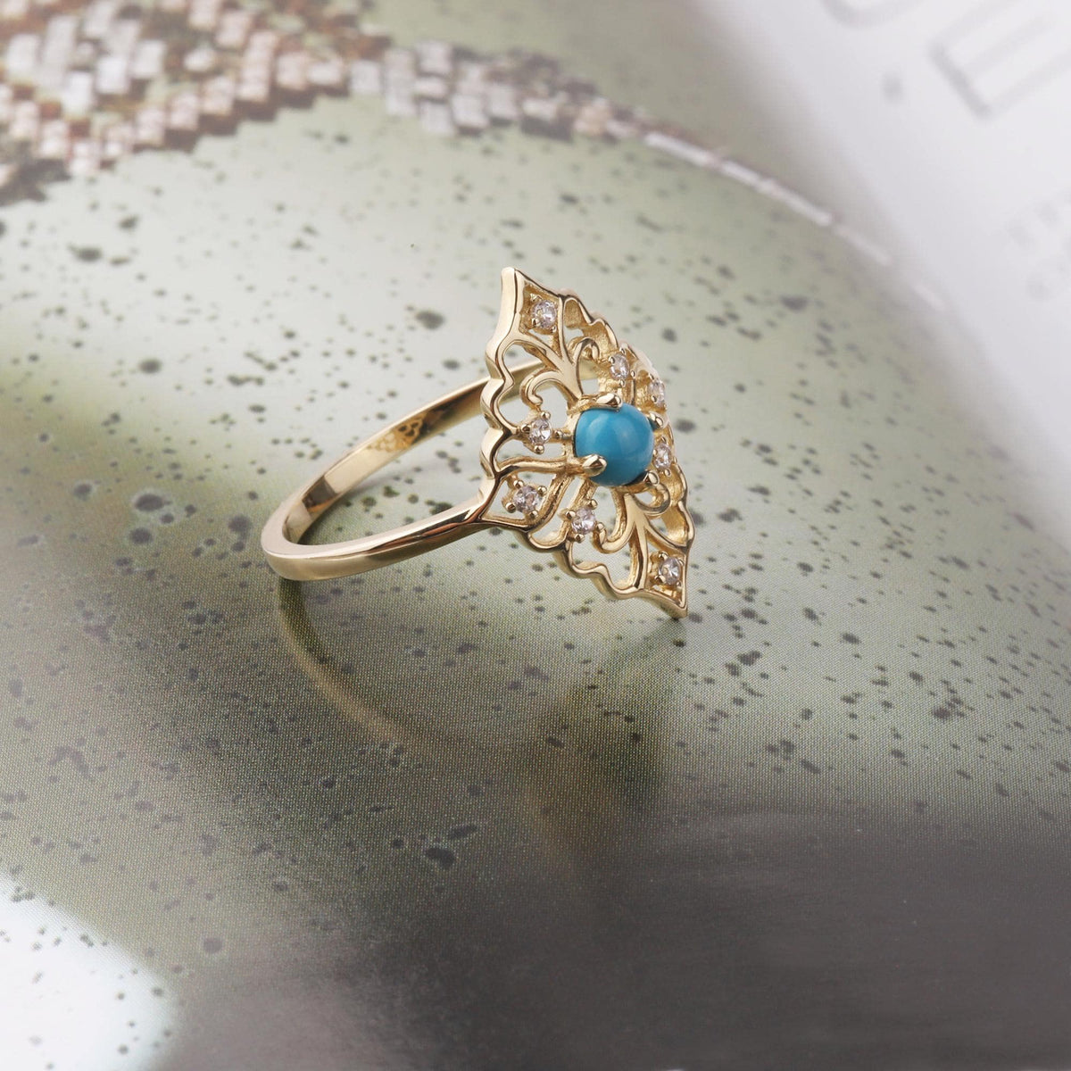 14K Gold Turquoise Filigree Ring, Vintage Inspired Floral Statement Ring, Art Deco Gold Ring, December Birthstone Jewelry, Gift for Her