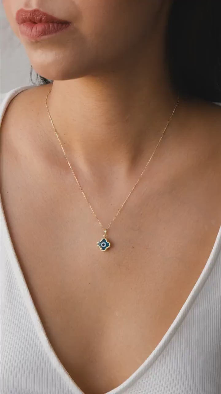 14K Gold Evil Eye Necklace, Clover Evil Eye Necklace