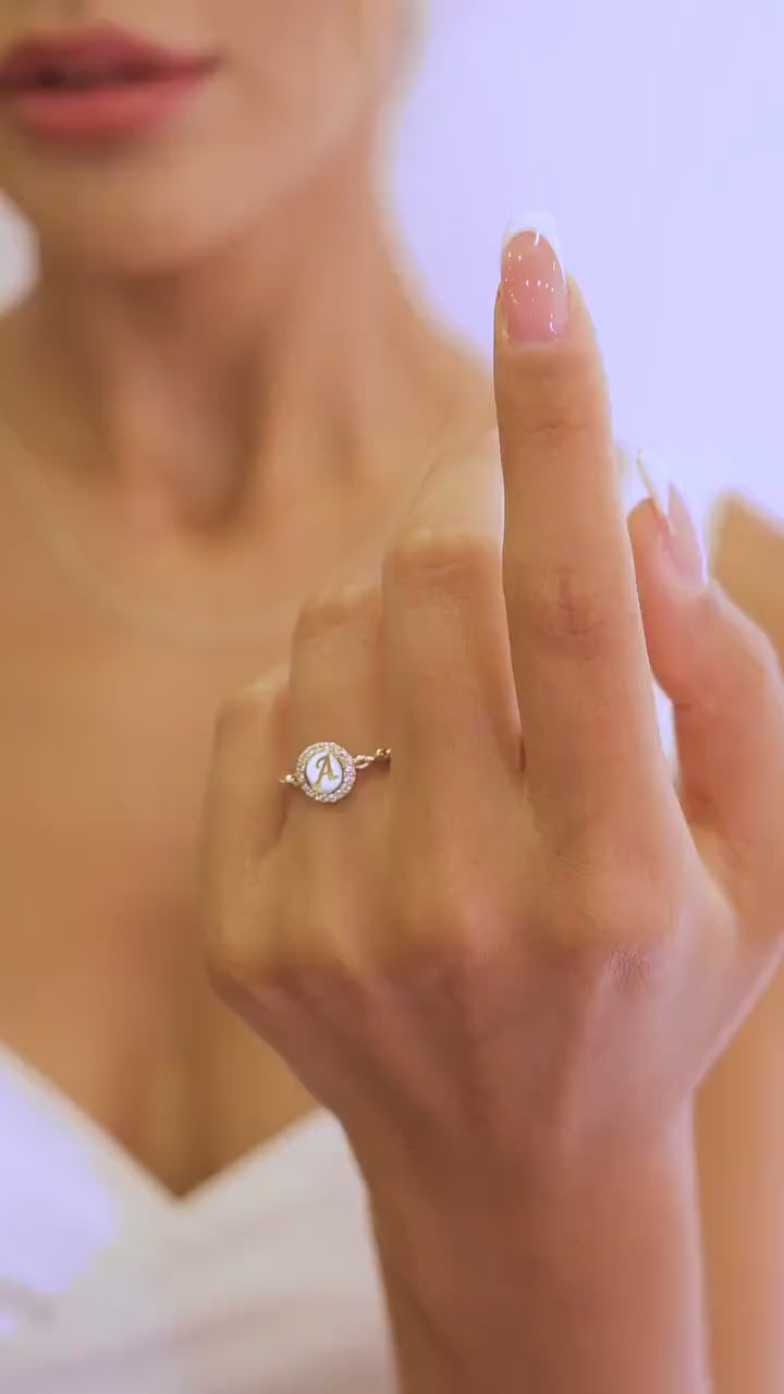 14K Gold Initial Ring, CZ Diamond Cursive Initial