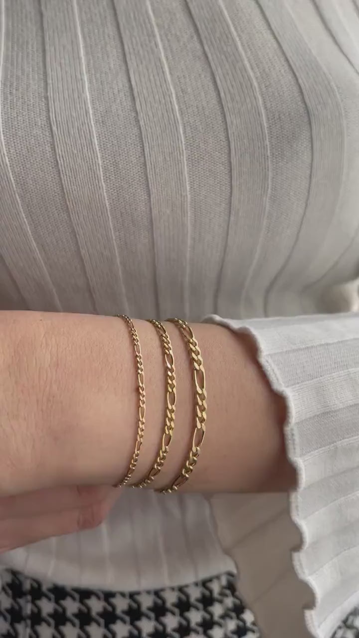 14K Solid Gold Figaro Chain Bracelet, 2mm 3mm 4mm Italian Figaro Chain Link