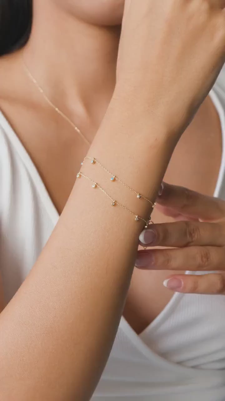 14K Gold Dangling Beaded Bracelet, Bezel Stone Station Bracelet