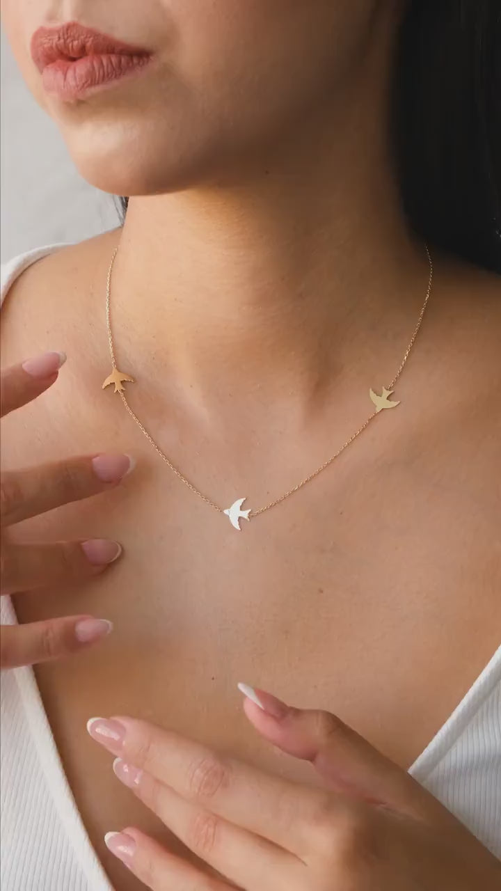 14K Gold Bird Necklace, Three Birds Necklace